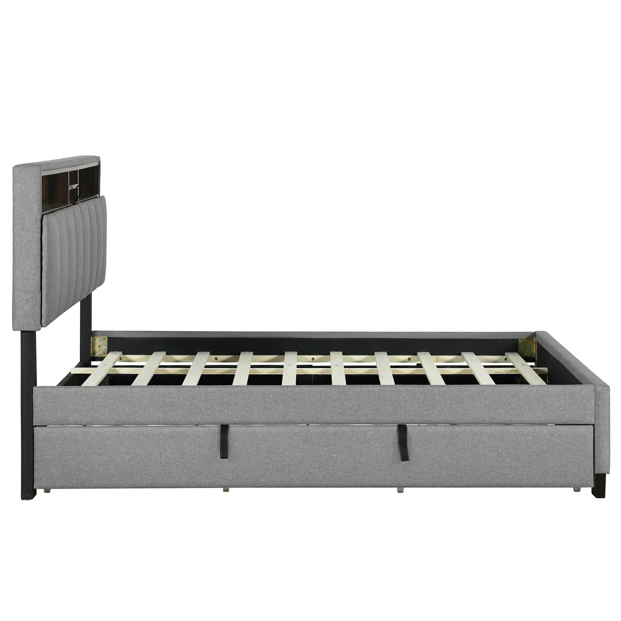 Upholstered Platform Bed With Storage Headboard, Trundle & 2 Drawers And A Set Of Sockets & USB Ports by HouseOfZazla