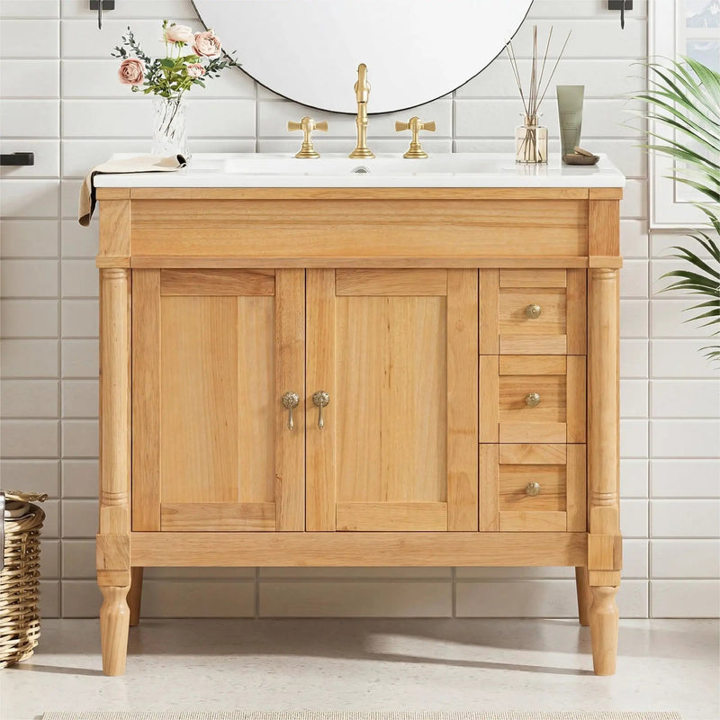 Modern Bathroom Vanity With Ceramic Sink, Soft Close Doors, Adjustable Shelves