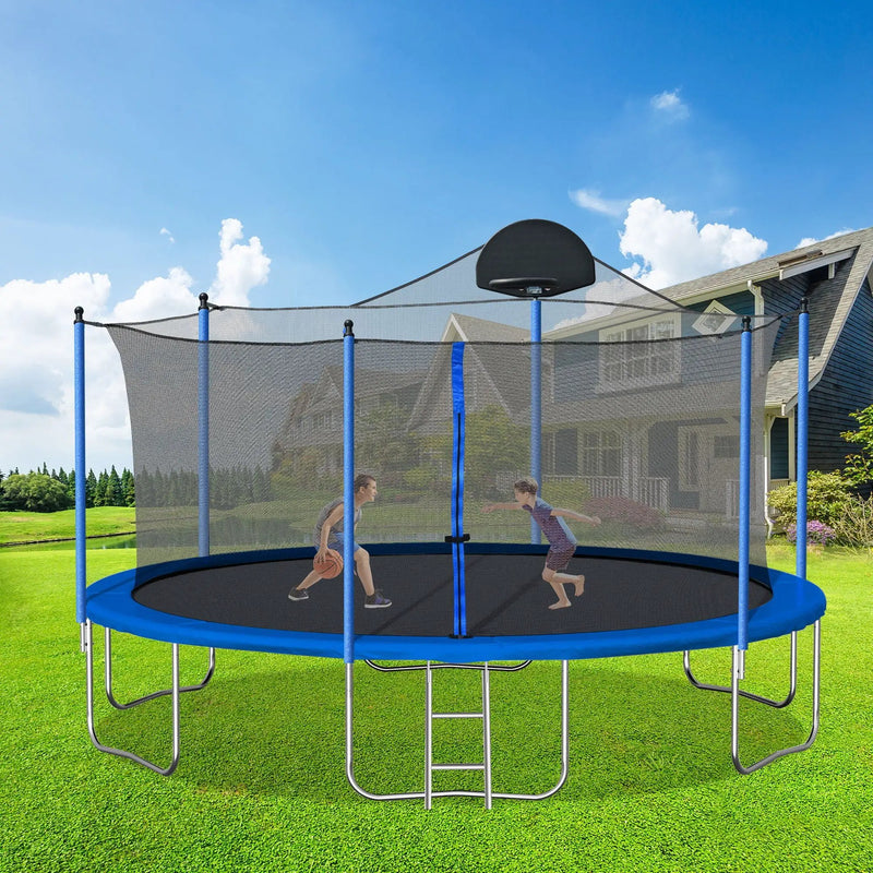 14Ft Trampoline For Adults & Kids With Basketball Hoop, Outdoor Trampolines With Ladder And Safety Enclosure Net For Kids And Adults, Double-Side Color Cover - Blue by HouseOfZazla