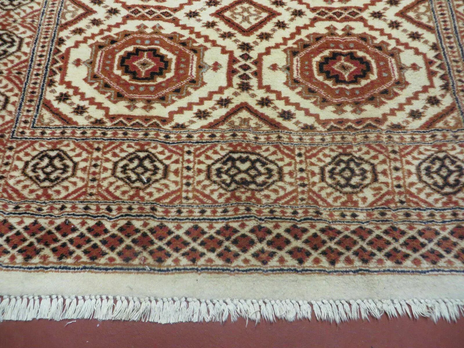 4' X 7' Vintage Handmade Pakistani Turkoman Bokhara Balouch Woven Wool Rug Ivory by Jewel Rugs