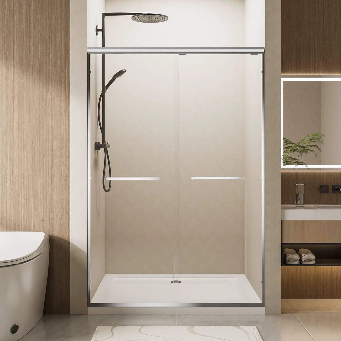 Aluminum Frame Double Double Soft Close Shower Door, Tempered Glass And Dual Stainless Steel Handles by HouseOfZazla