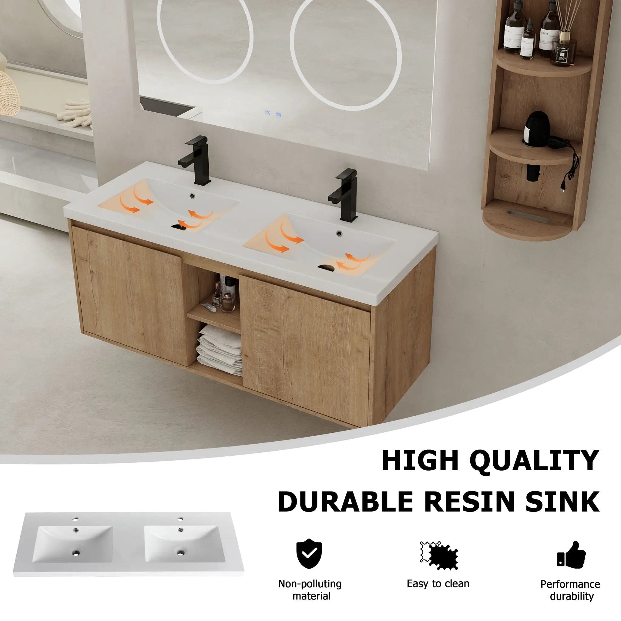 48" Wall Mounted Bathroom Vanity With Double Resin Sink And Storage Rack Soft Close Doors Plywood Construction - Imitative Oak by Unique Piece Furniture