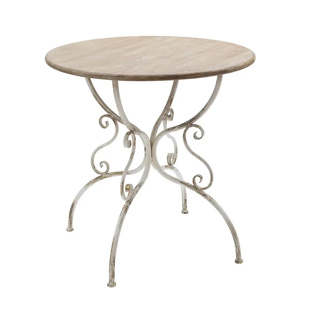 Round Wooden Table With Metal Scrollwork Legs - White Washed by HouseOfZazla