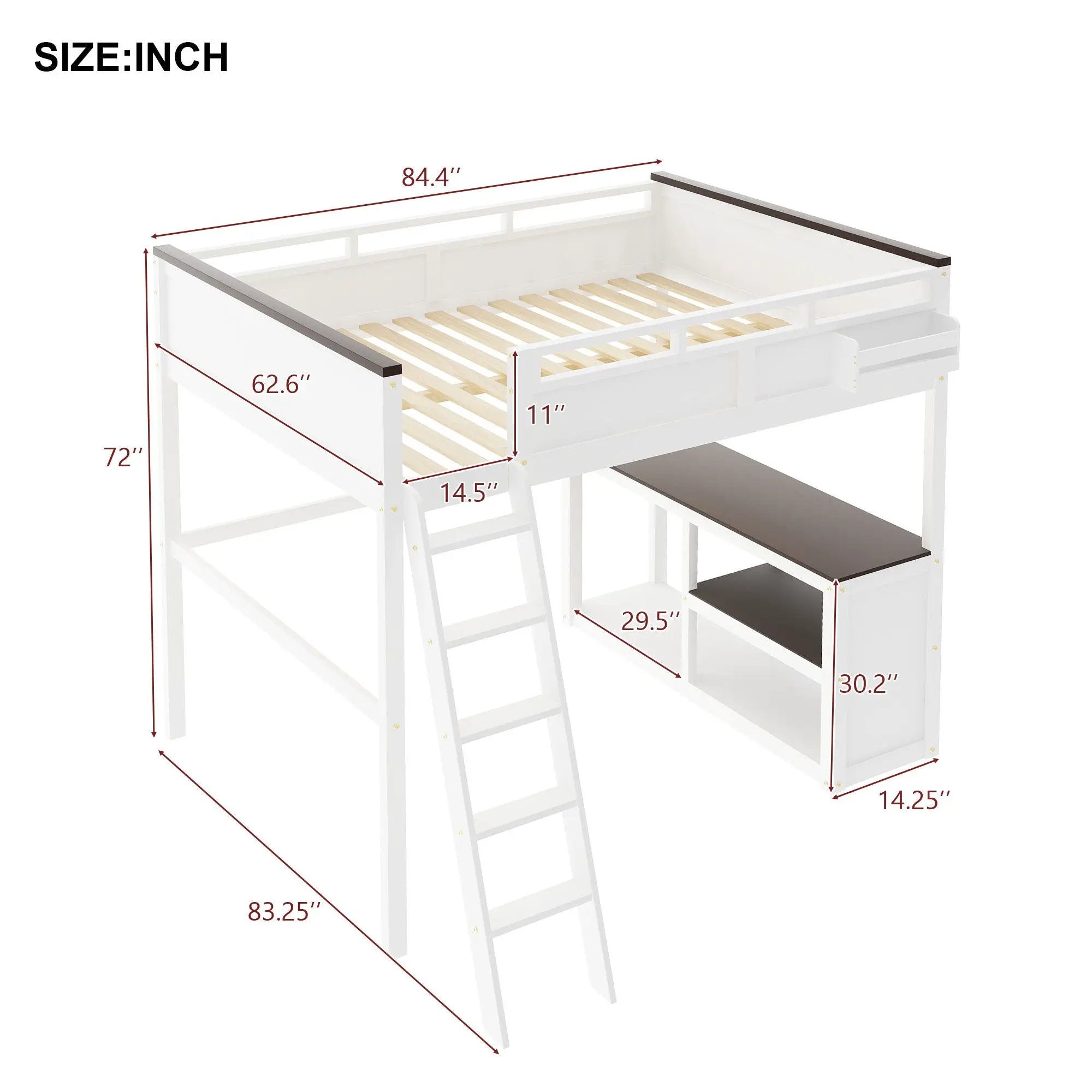 Queen Size Loft Bed With Desk, Open Shelf, Storage Box And USB Charging Station - White by Unique Piece Furniture