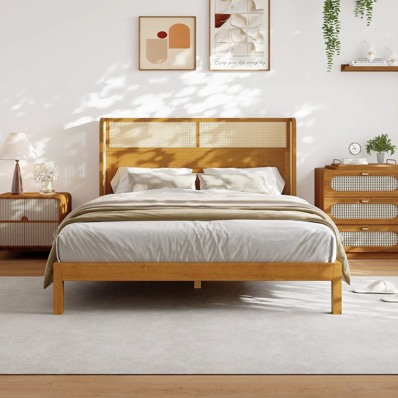 Premium Rubber Wood Platform Queen Bed Frame with Headboard by HouseOfZazla