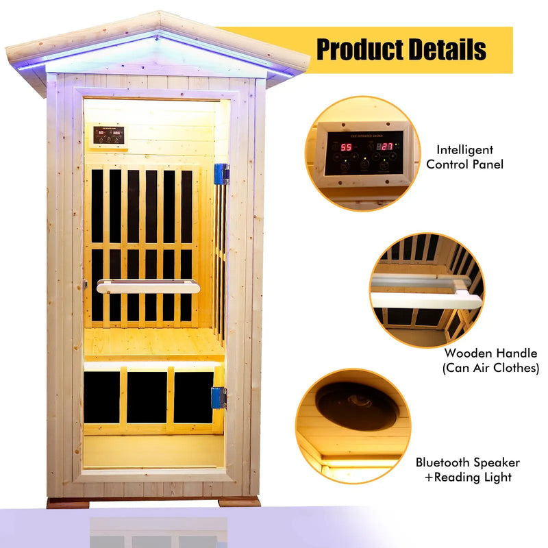Single Person Spruce Far Infrared Sauna With Ambient Lighting And Bluetooth Music - Natural by HouseOfZazla