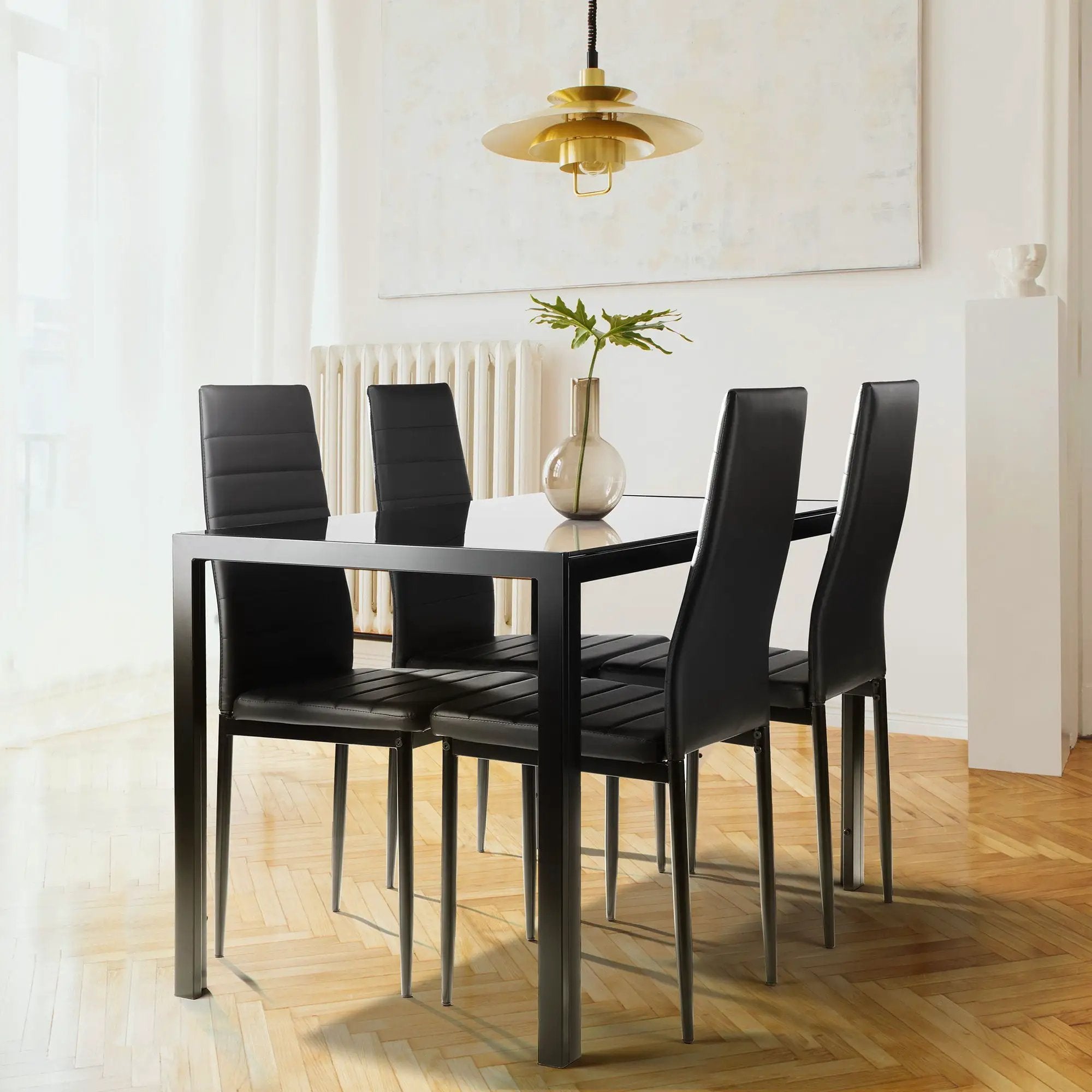 5 Pieces Dining Table Set For 4, Kitchen Room Tempered Glass Dining Table, 4 Faux Leather Chairs - Black by Unique Piece Furniture
