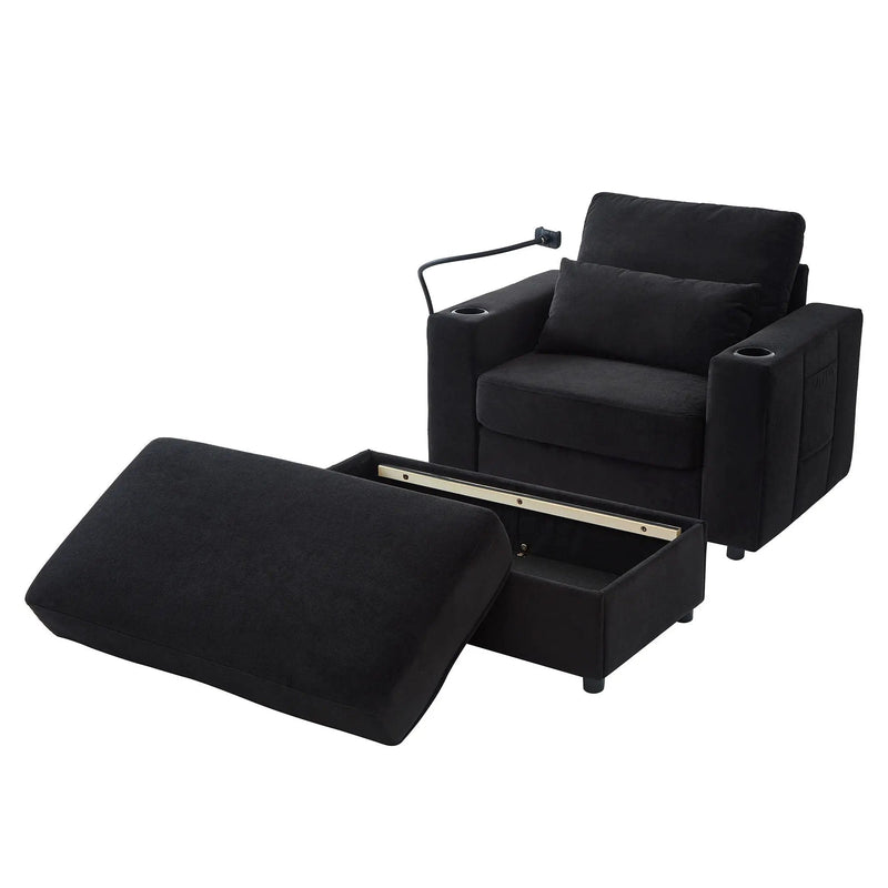 Modern Style Armchair Chaise Lounge Sofa Couch With Movable Storage Ottoman, USB Ports, Cup Holders, Phone Holder, Side Pockets by HouseOfZazla
