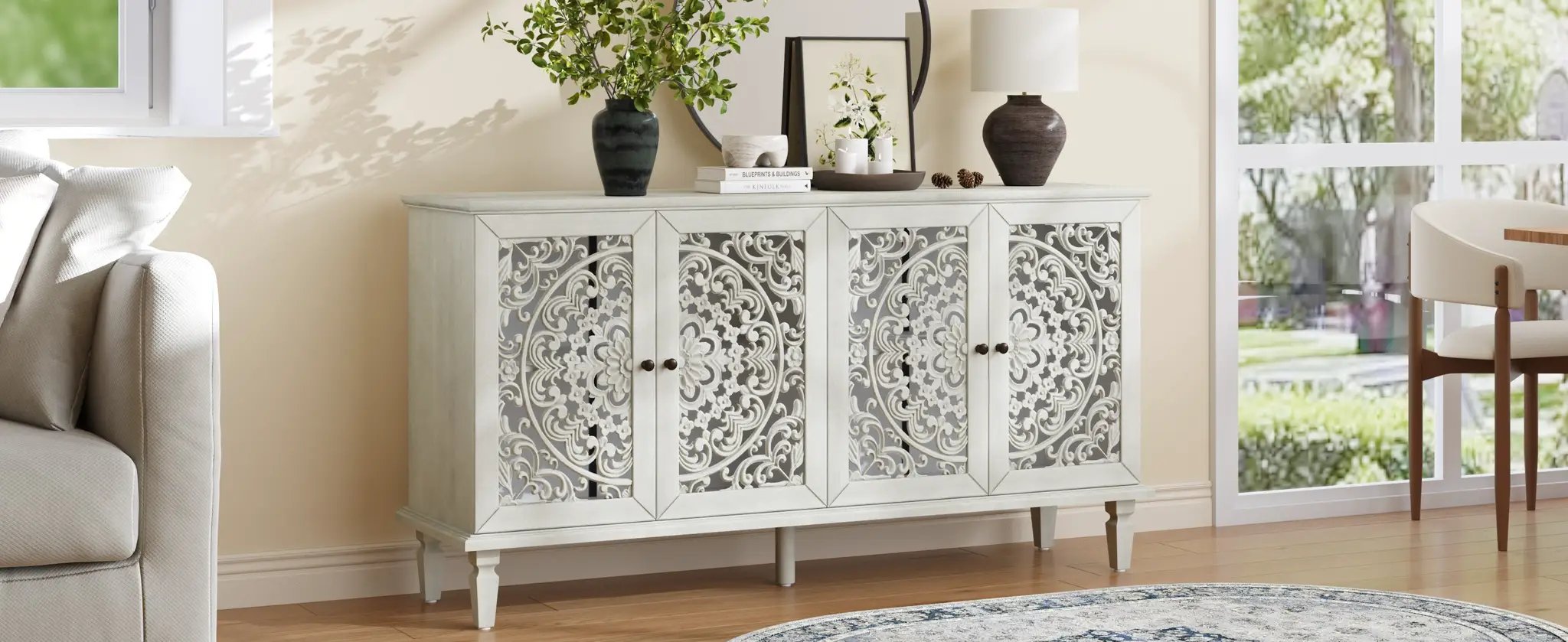 60" Antique Buffet Cabinet with Floral Carvings and Solid Wood Legs by HouseOfZazla