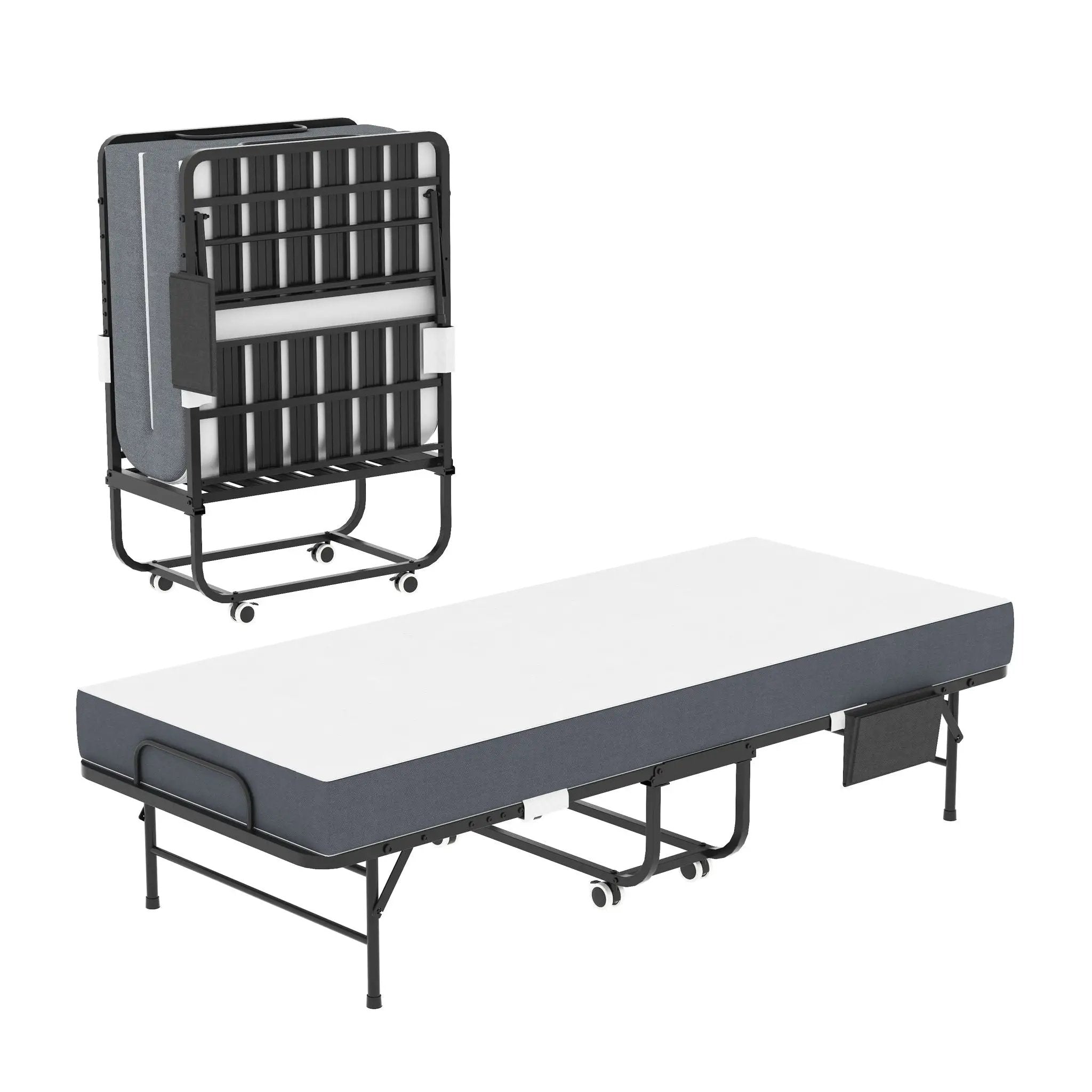 Twin Folding Bed With Memory Foam Mattress, Space Saving Rollaway Guest, On Wheels, Portable For Adults & Guests - Black by Unique Piece Furniture