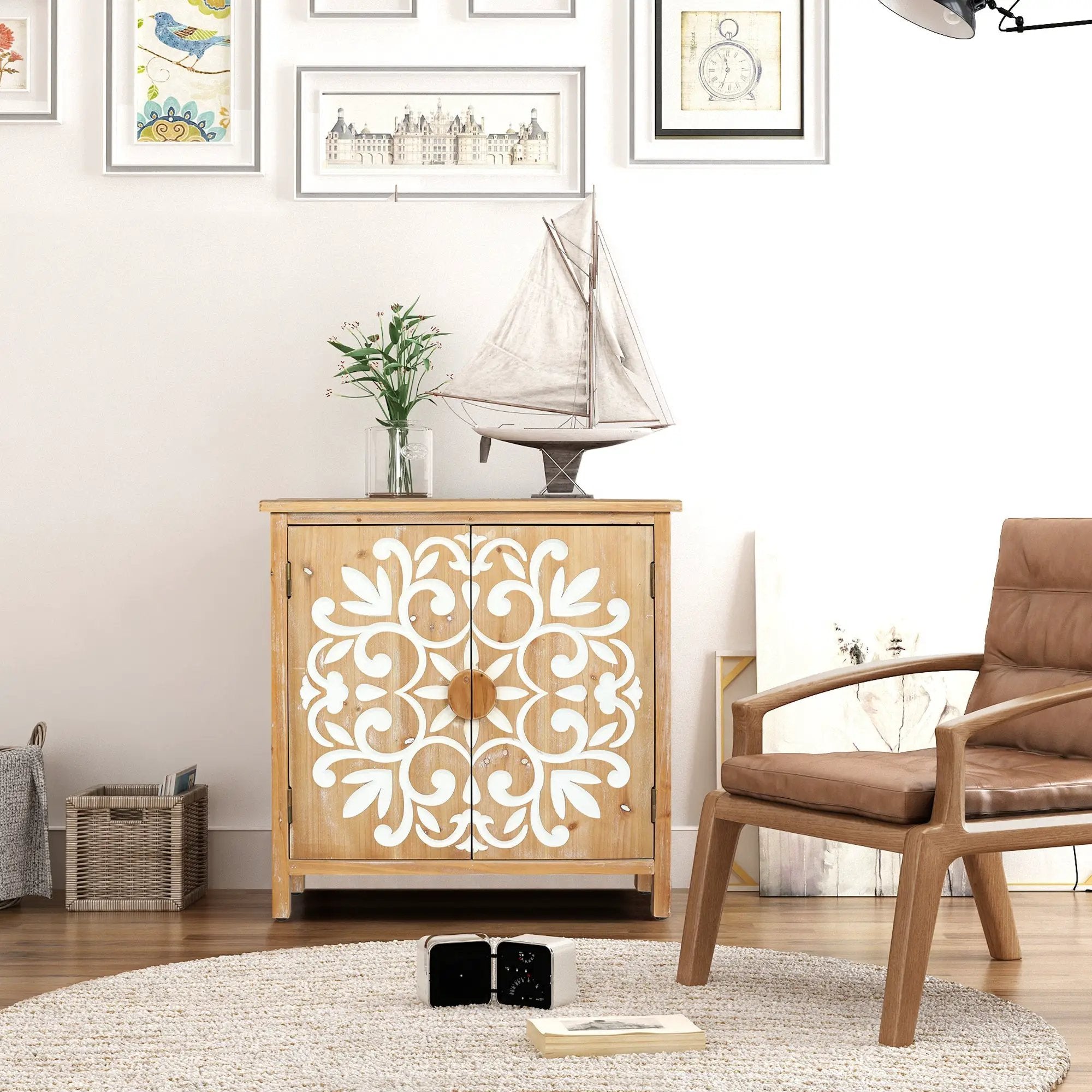Rustic Wooden Accent Cabinet with Floral Carved Doors by HouseOfZazla