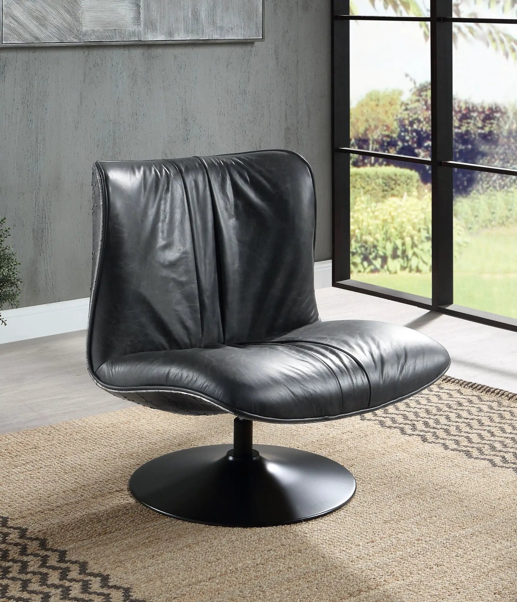 Piotr - Top Grain Leather Accent Chair With Swivel - Black by HouseOfZazla