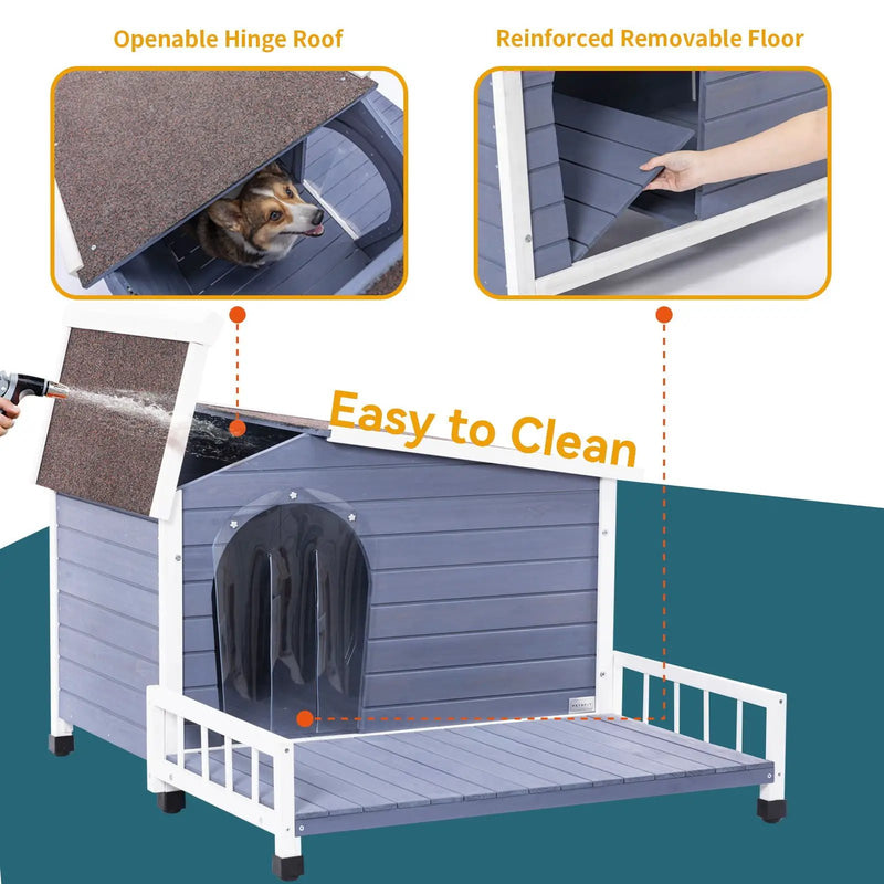 Large Wooden Dog House Indoor Outdoor With Terrace And Open Waterproof Asphalt Roof, Outdoor Dog House With Raised Floor, Windows And Door Curtains, Suitable For Small And Medium Dogs - Gray by HouseOfZazla