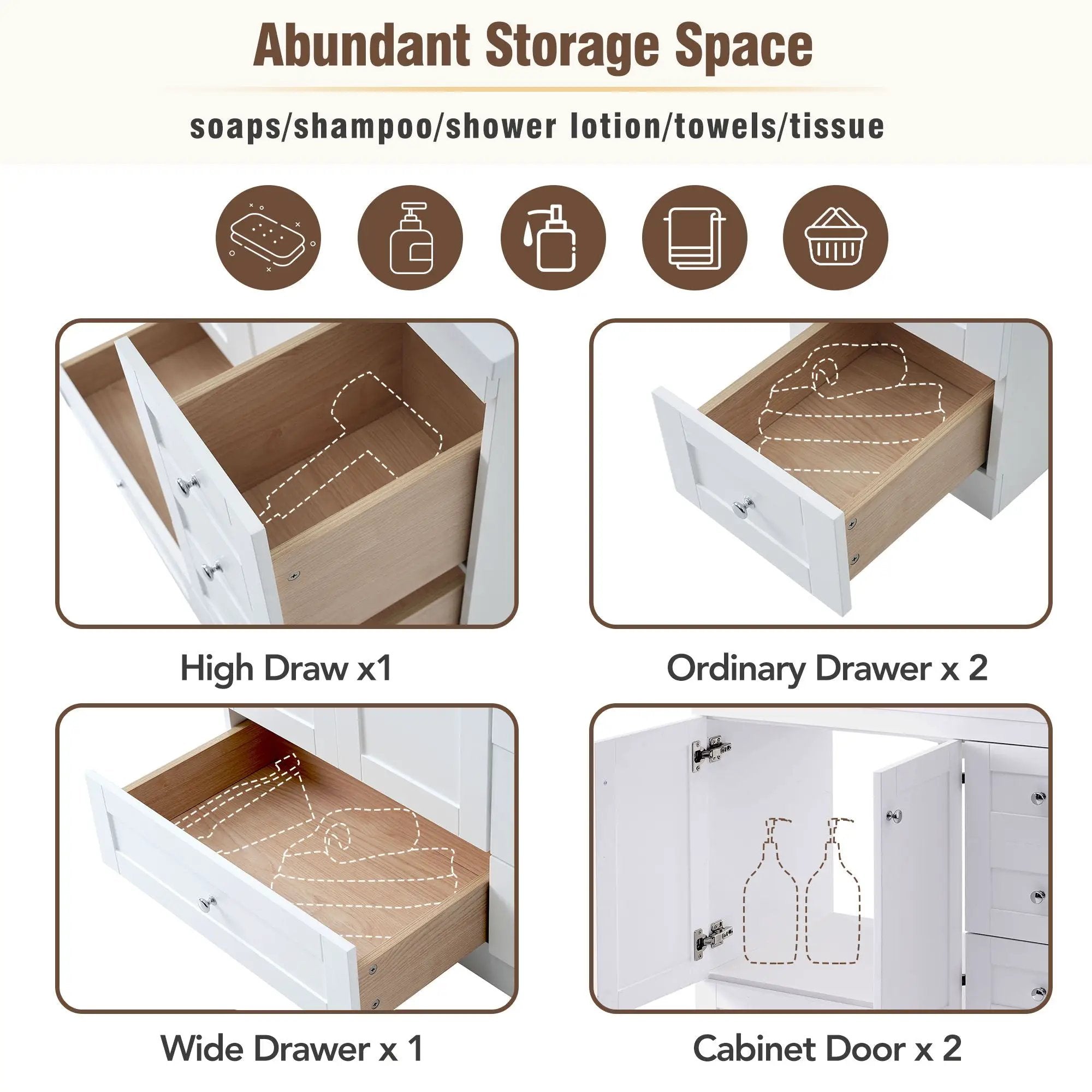 Shaker Free Standing Bathroom Vanity Cabinet & Sink, Soft Close Drawers, Soft Close Doors