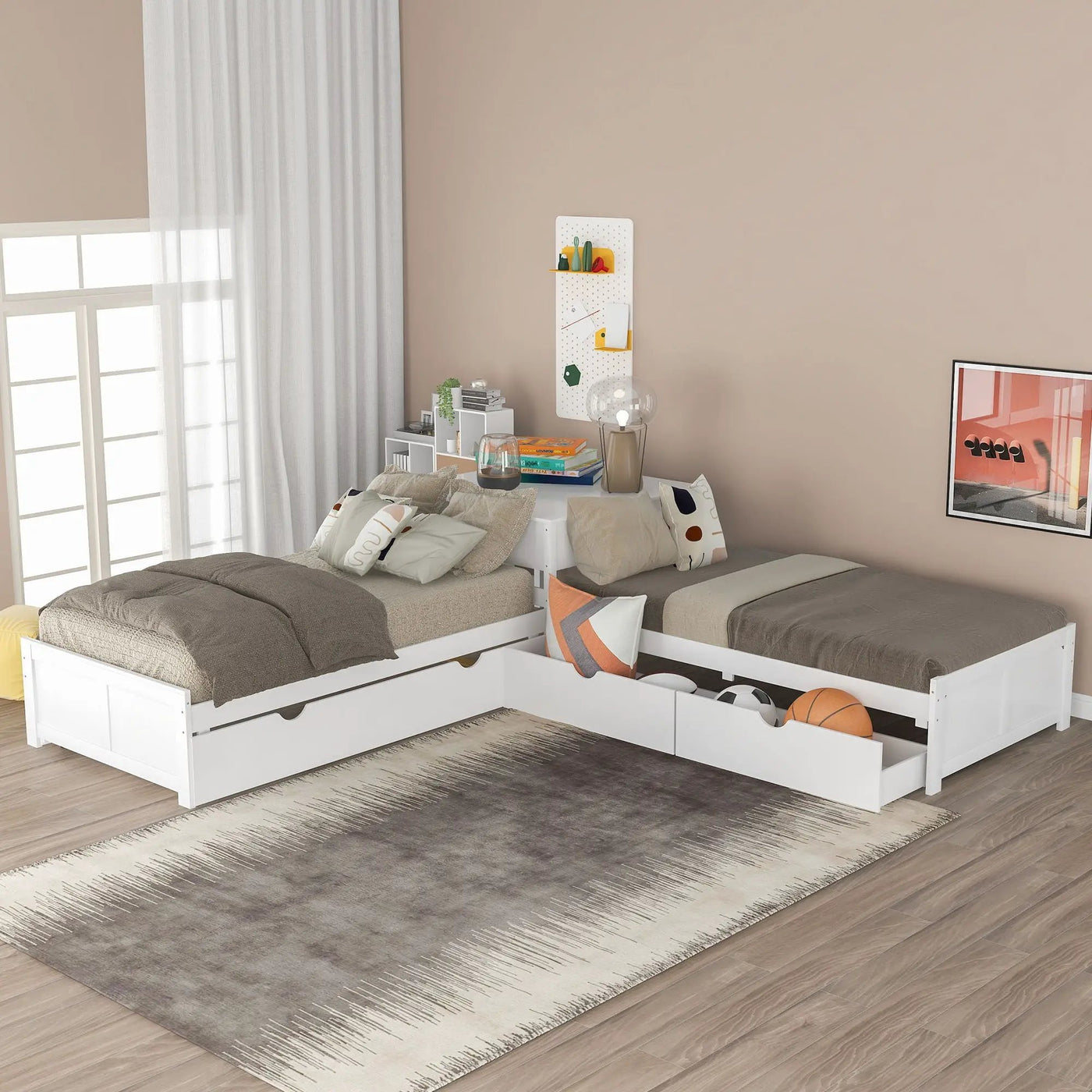 L Shaped Platform Bed With Trundle And Drawers Linked With Built In Desk by HouseOfZazla