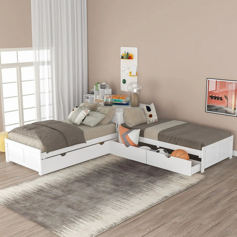 L Shaped Platform Bed With Trundle And Drawers Linked With Built In Desk by Unique Piece Furniture