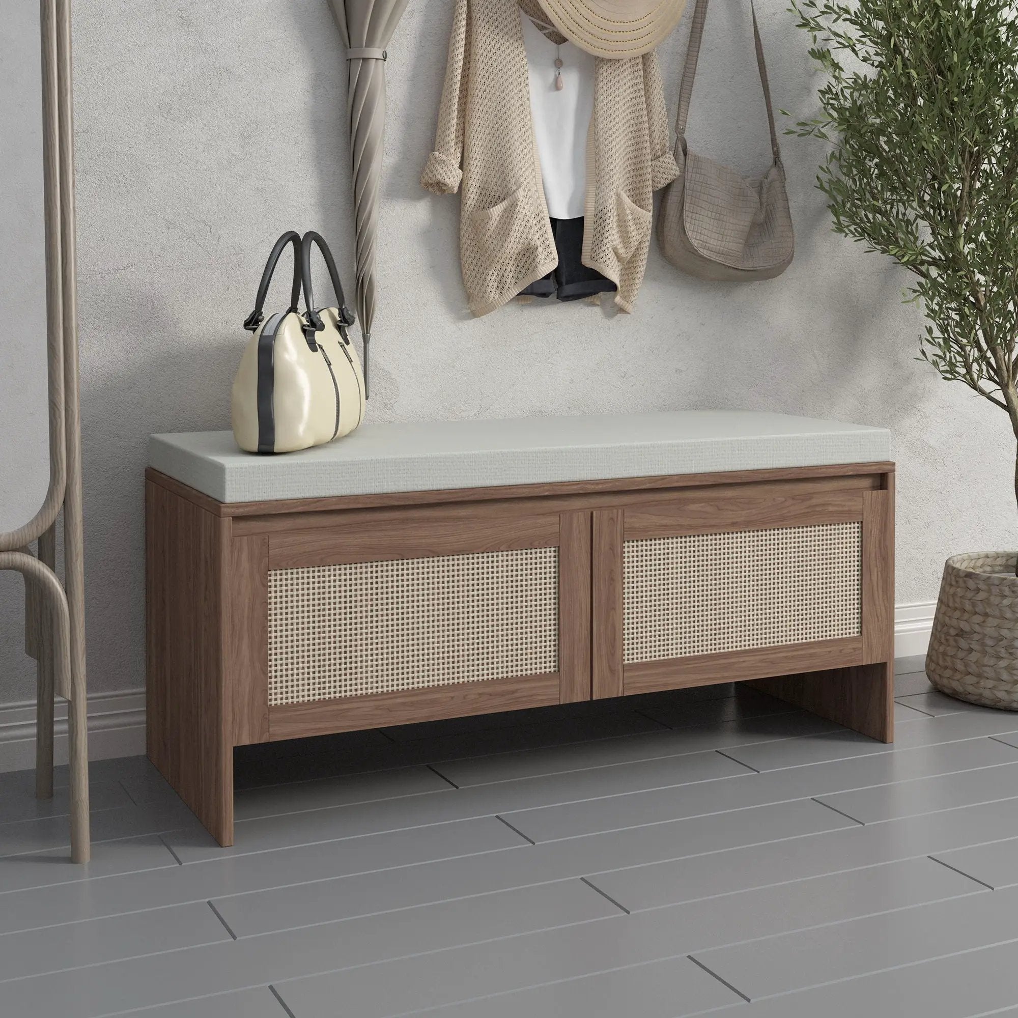 Storage Bench With Cushion, Shoe Cabinet With 2 Doors - Antique Natural / Rattan by Unique Piece Furniture