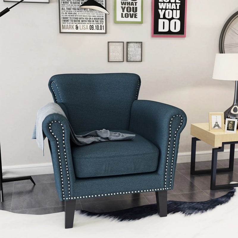 Elegant Navy Blue Fabric Club Chair with Nailhead Trim and Birch Wood Legs by HouseOfZazla