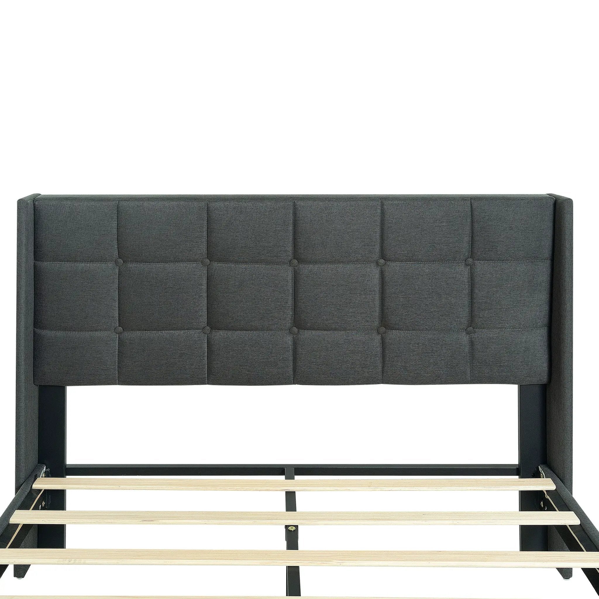 Queen Size Upholstered Platform Bed Frame With Button Tufted Linen Fabric Headboard - Dark Gray by HouseOfZazla