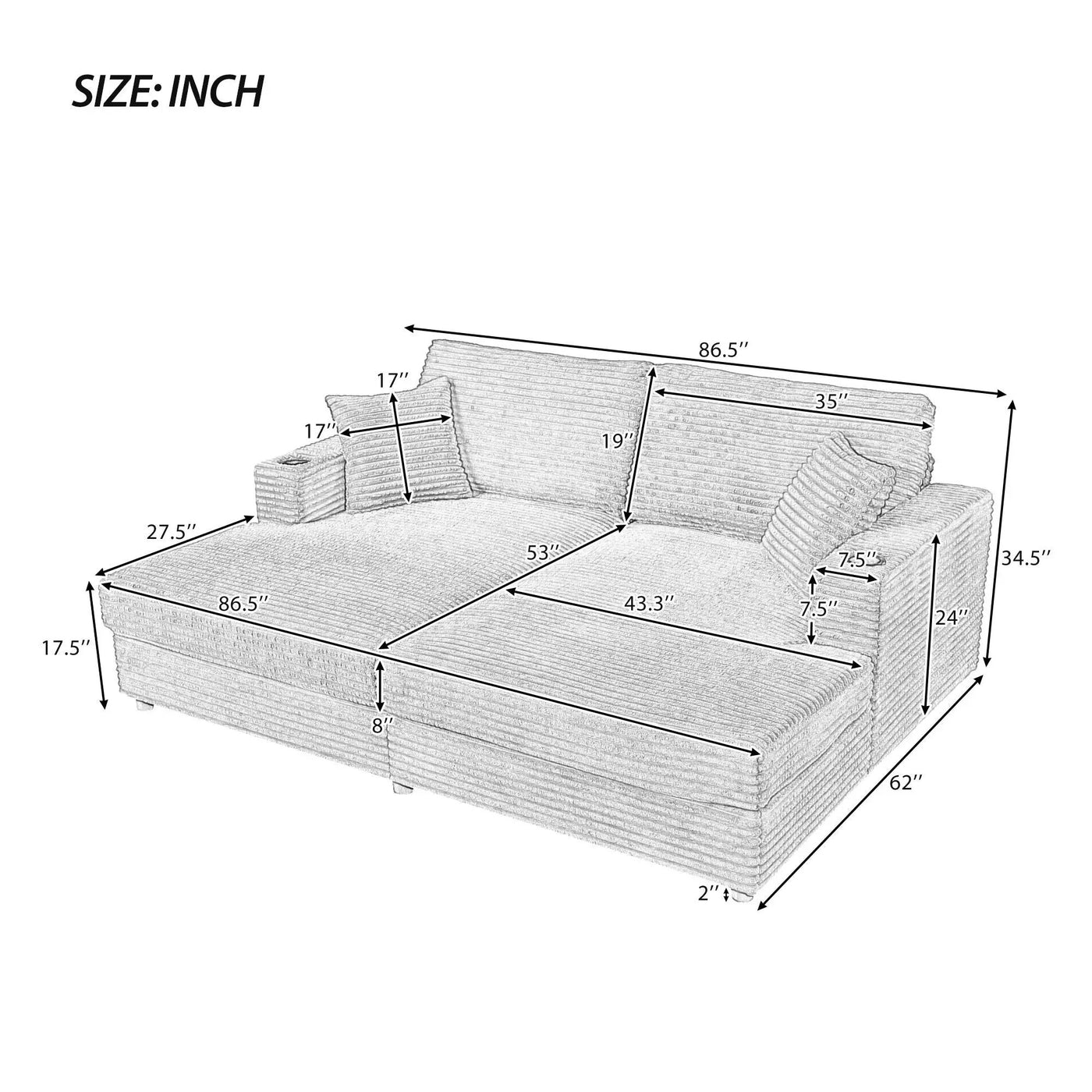 Oversized Loveseat Chaise With 2 USB Ports, 2 Cup Holders And 2 Throw Pillows by Unique Piece Furniture