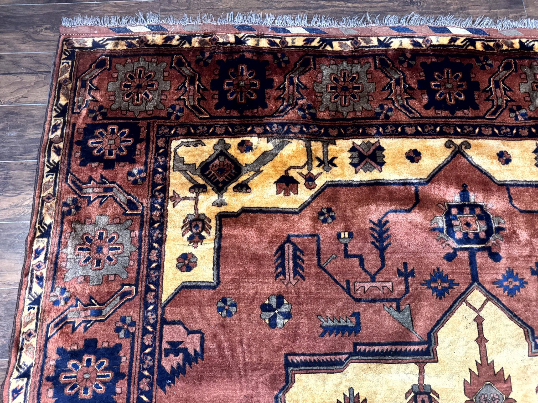 Afghan Heriz Rug 9x12, Tribal Geometric Serapi Carpet, Rust Cream and Navy, Wool on Wool by Jewel Rugs