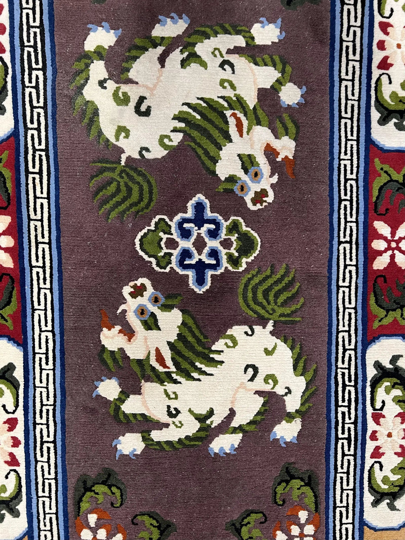 Chinese Art Deco Rug 3 x 5.5 with Animal Pictorials, Vintage Chinese Peking Wool Area Rug, Dark Puce Maroon Ivory, Hand Knotted Soft Carpet by Jewel Rugs