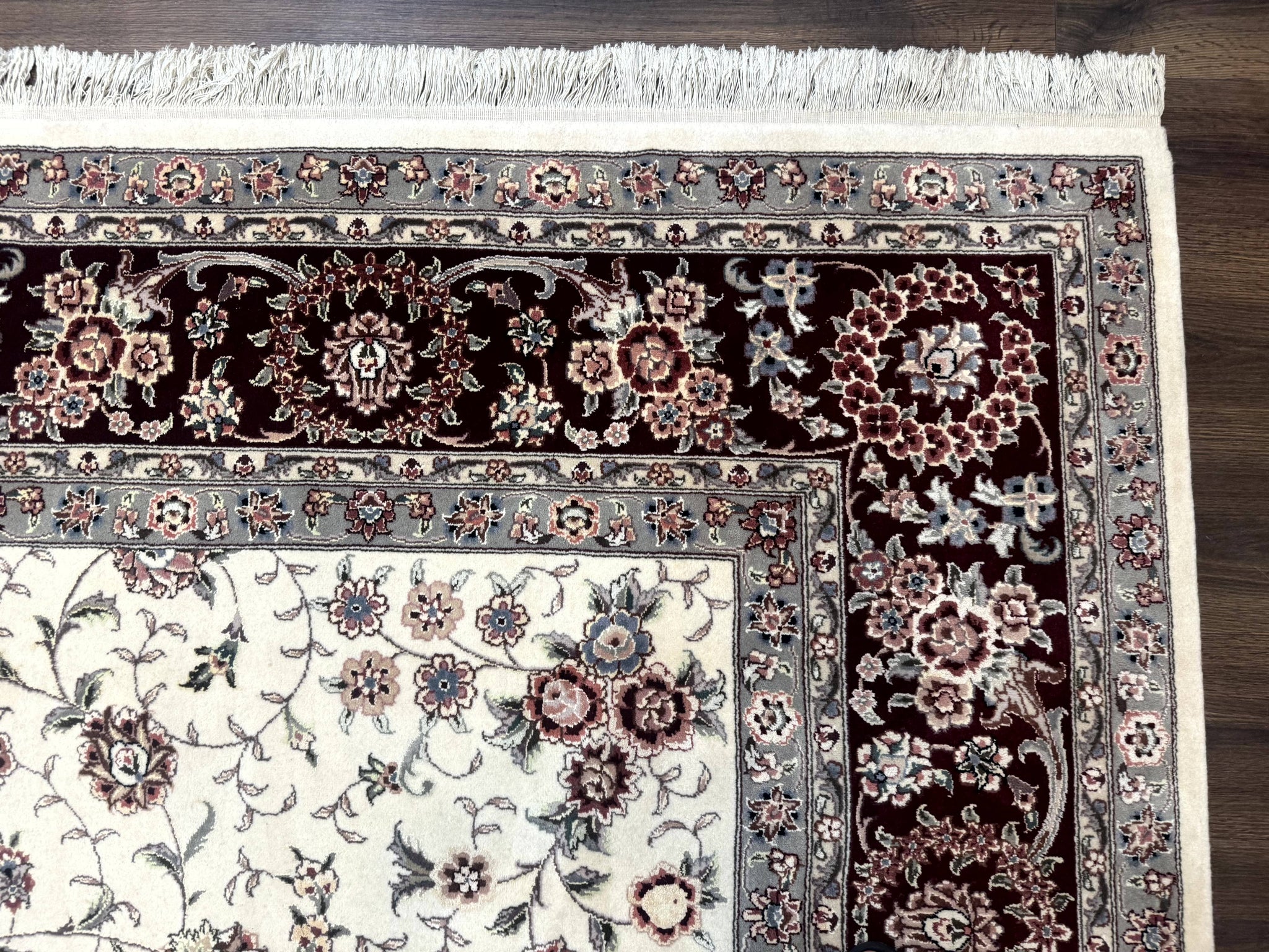 Sino Persian Rug 9x12, Floral Allover Design, 170 KPSI, Ivory and Dark Maroon by Jewel Rugs