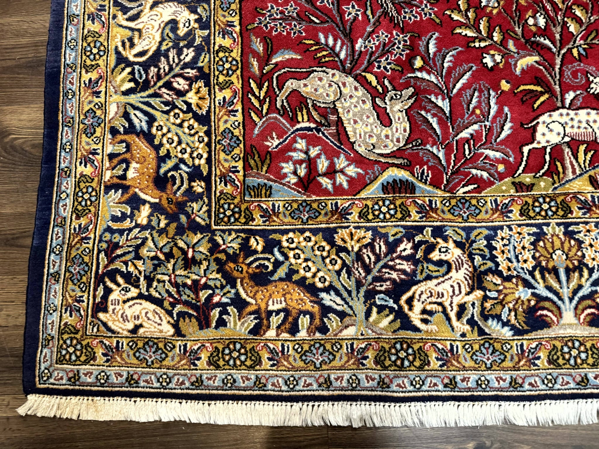 Persian Qum Rug 9x12, Animal Pictorials, Deer Birds, Tree of Life, Red and Navy Blue by Jewel Rugs