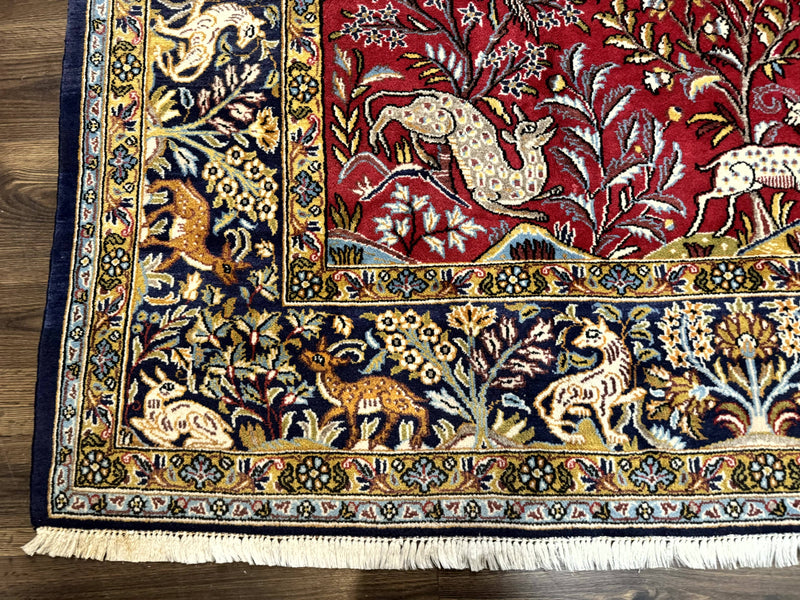Persian Qum Rug 9x12, Animal Pictorials, Deer Birds, Tree of Life, Red and Navy Blue by Jewel Rugs