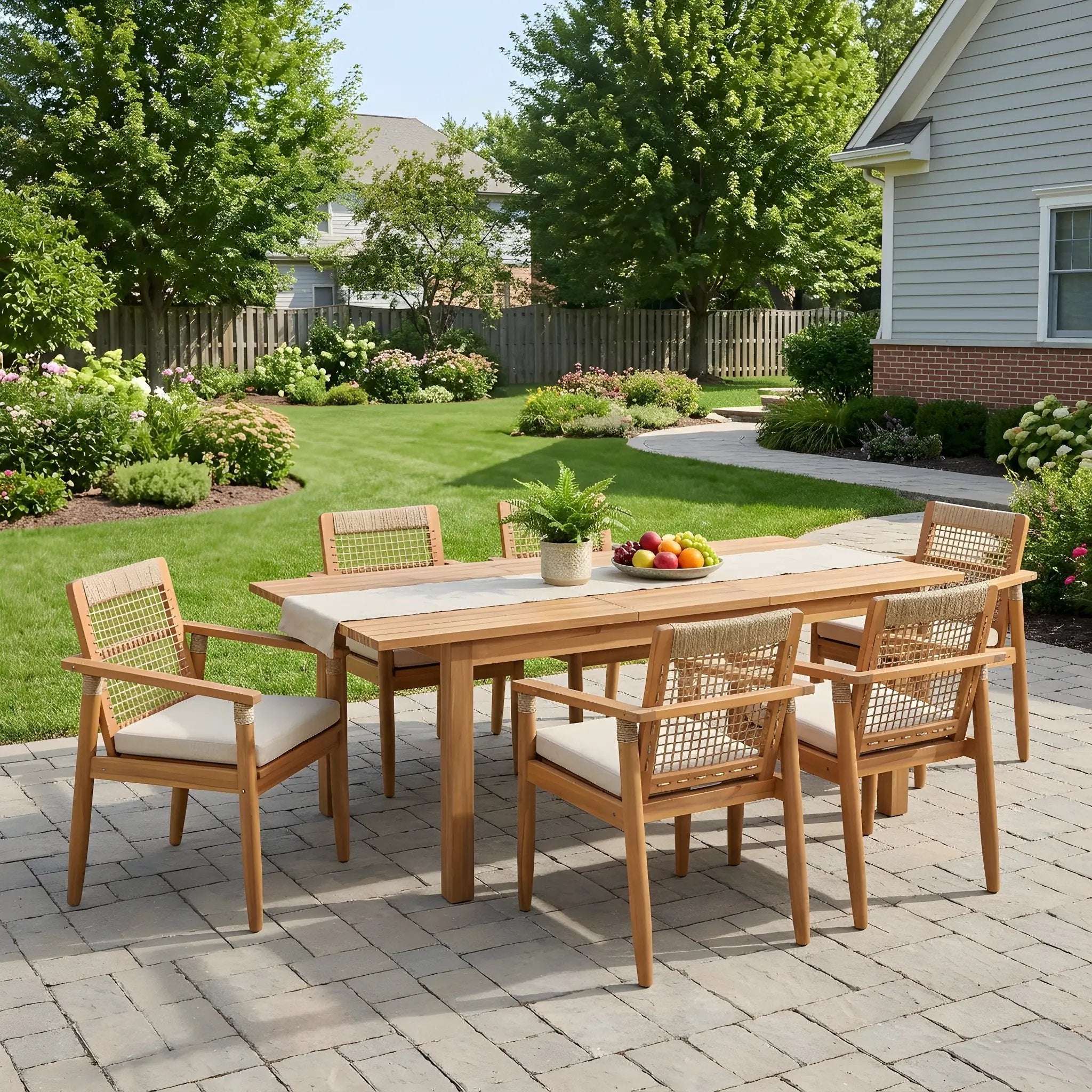 7 Pieces Acacia Wood Outdoor Dining Set with Cushions by HouseOfZazla