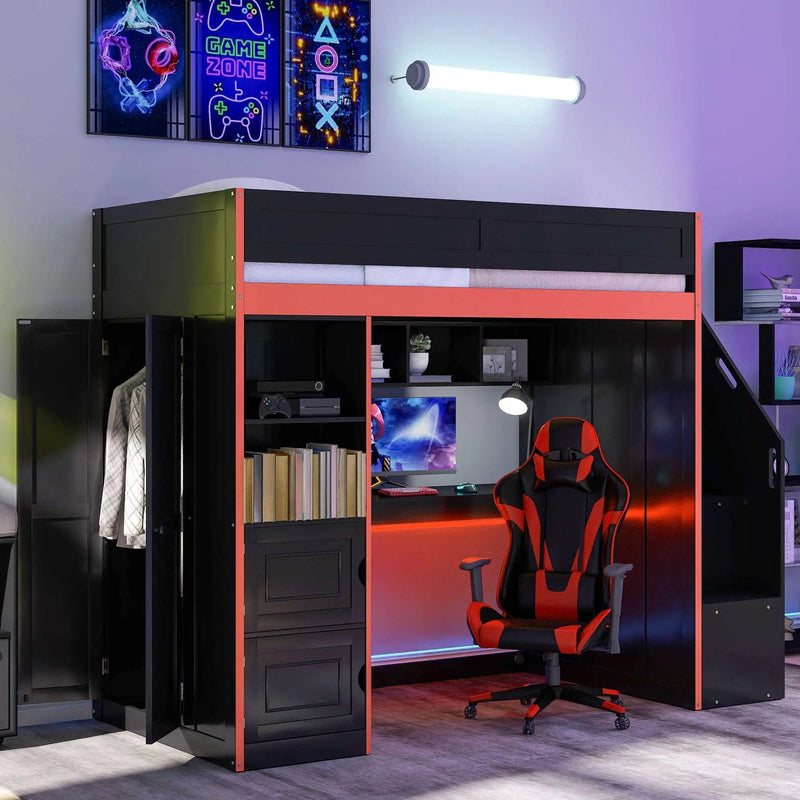 Gaming Loft Bed With Desk And Storage, LED Lights by HouseOfZazla