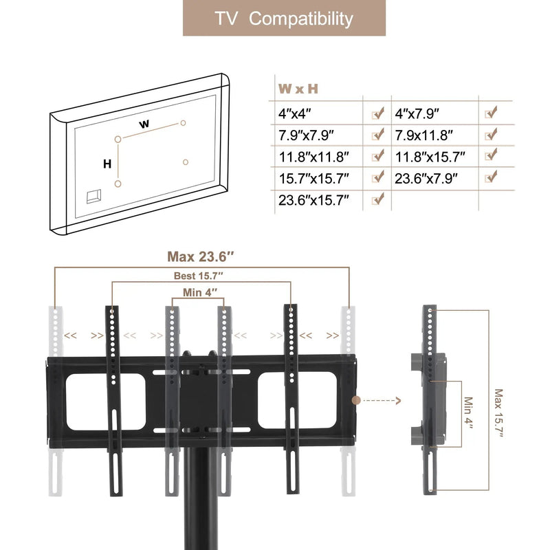 Height And Angle Adjustable Multi-Function Tempered Glass Metal Frame Floor With Lockable Wheels Mobile TV Stand, Lcd / Plasma TV Bracket 2 Tier Tempered Glass Shelves For Multiple Media Devices - Black by Unique Piece Furniture