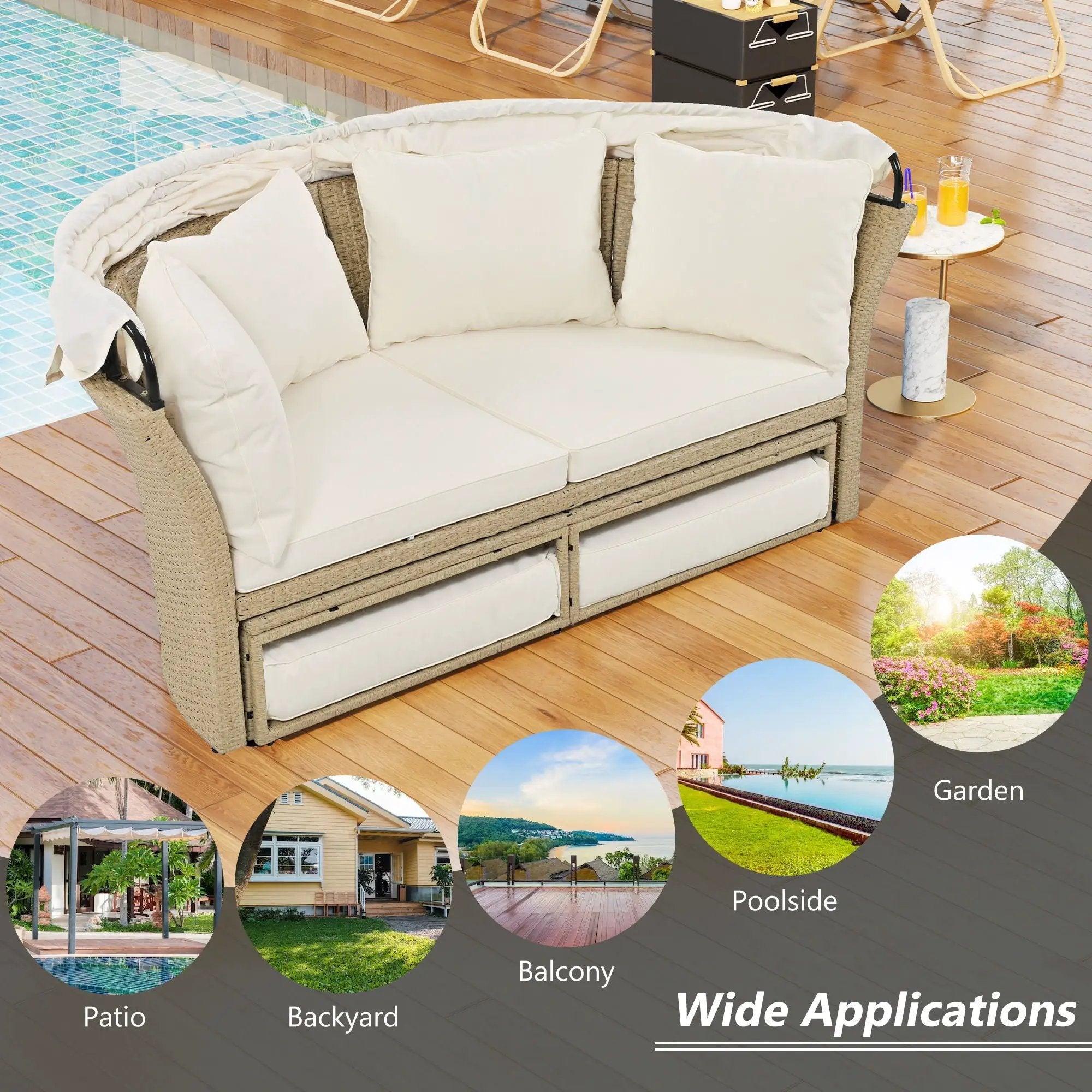 Outdoor Patio Daybed Wicker Rattan Double Daybed Round Sofa Furniture Set With Retractable Canopy, 4 Pillows For Lawn Garden by HouseOfZazla