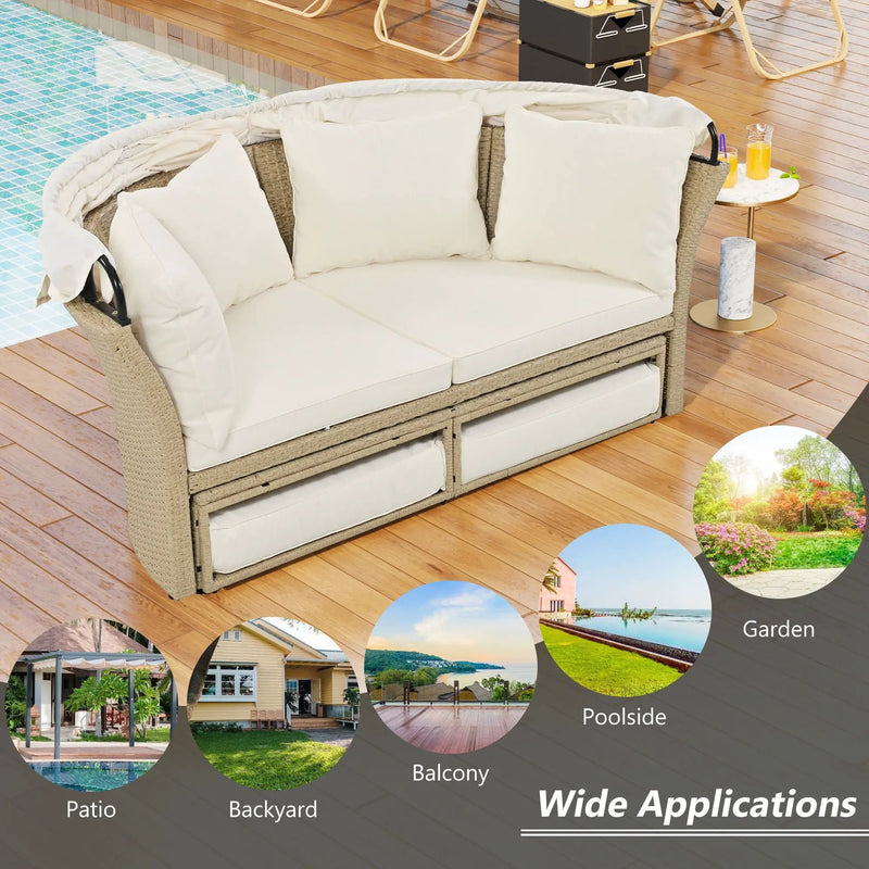 Outdoor Patio Daybed Wicker Rattan Double Daybed Round Sofa Furniture Set With Retractable Canopy, 4 Pillows For Lawn Garden by HouseOfZazla