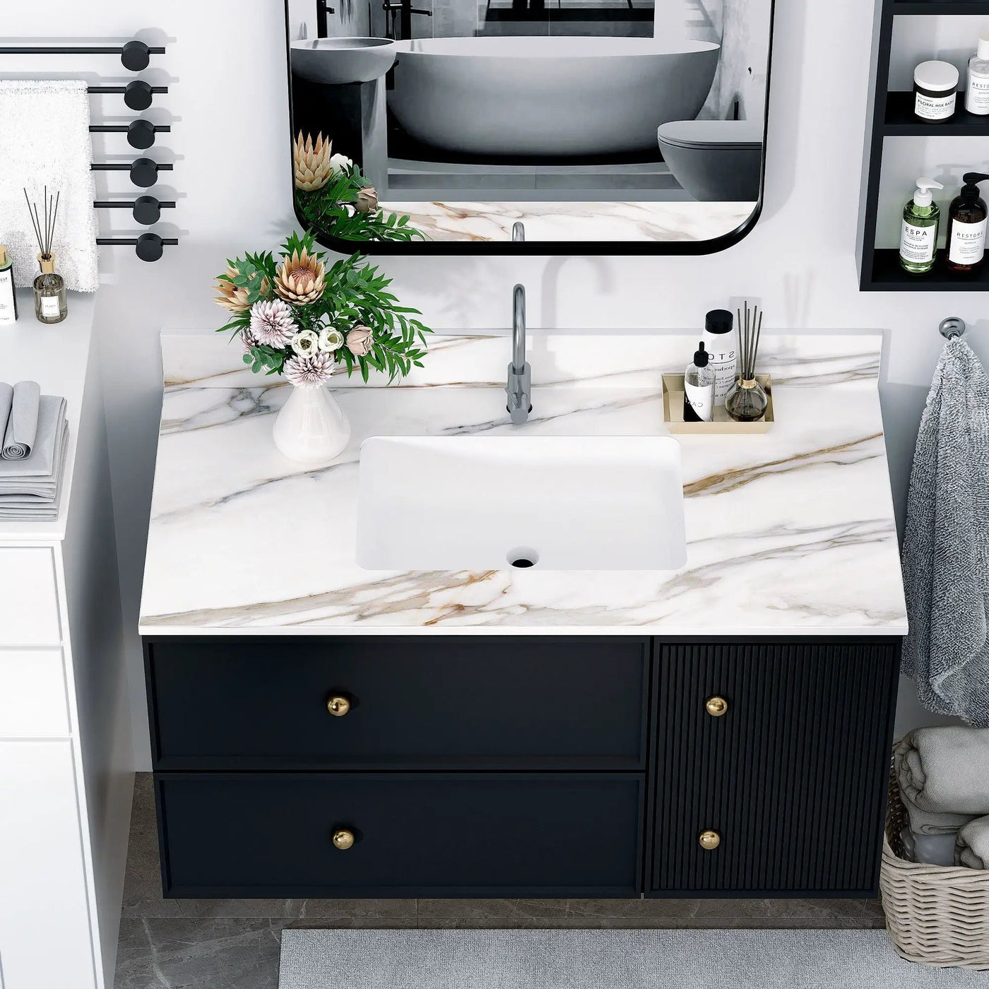 Elegant Vanity Top With Undermount Sink And Backsplash, Sintered Stone by HouseOfZazla