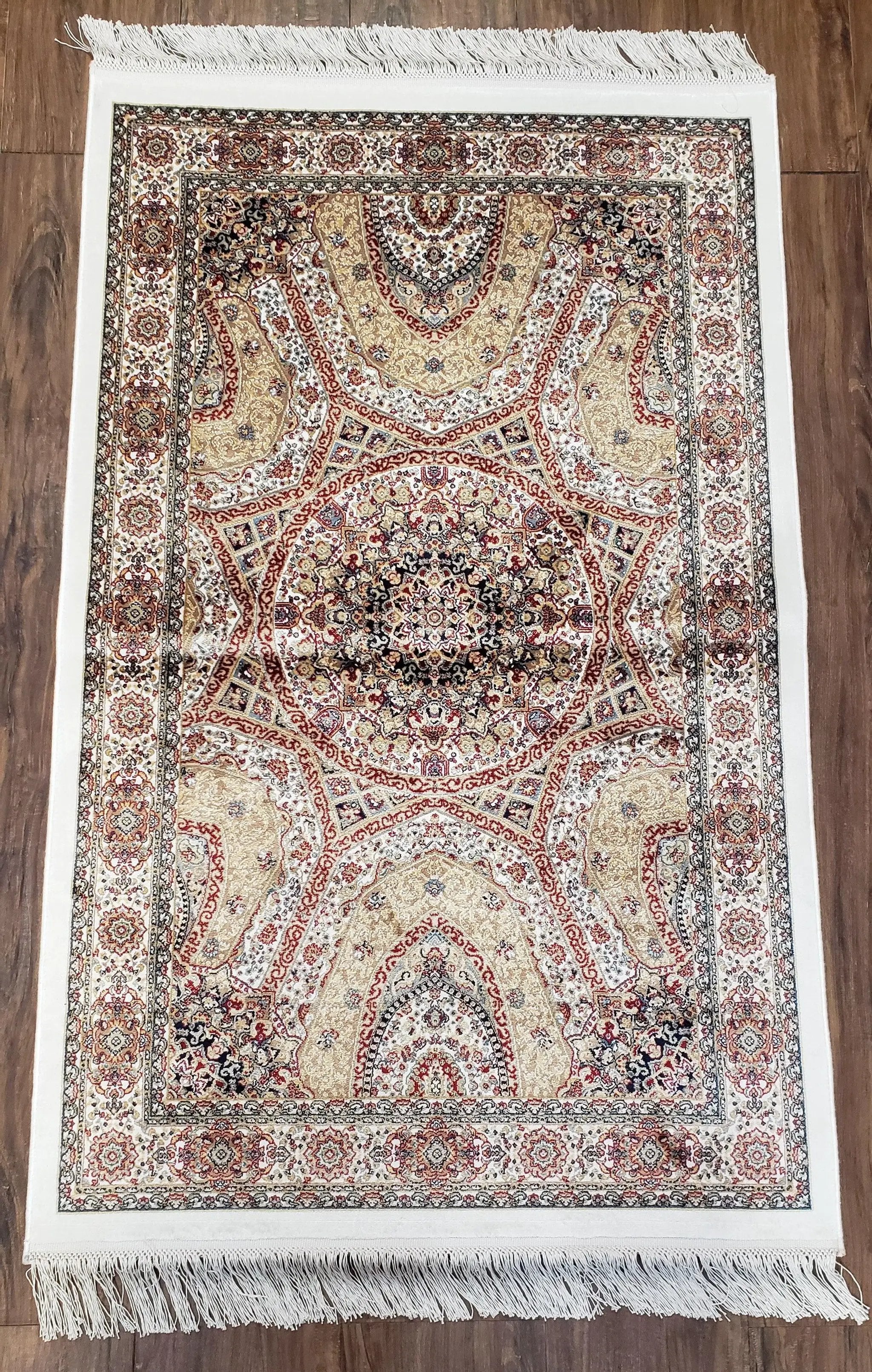 Persian Design Silk Accent Rug, Dome Medallion, Allover Pattern Oriental Carpet, Small Silk Rug, Cream, Ivory, Bamboo Silk, 2' 8" x 4' 1" by Jewel Rugs