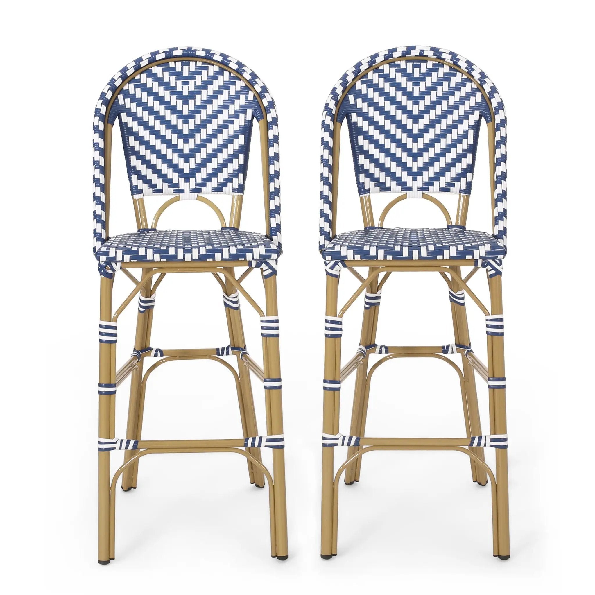 Outdoor Rattan French Barstool Set - Navy Blue & White by HouseOfZazla