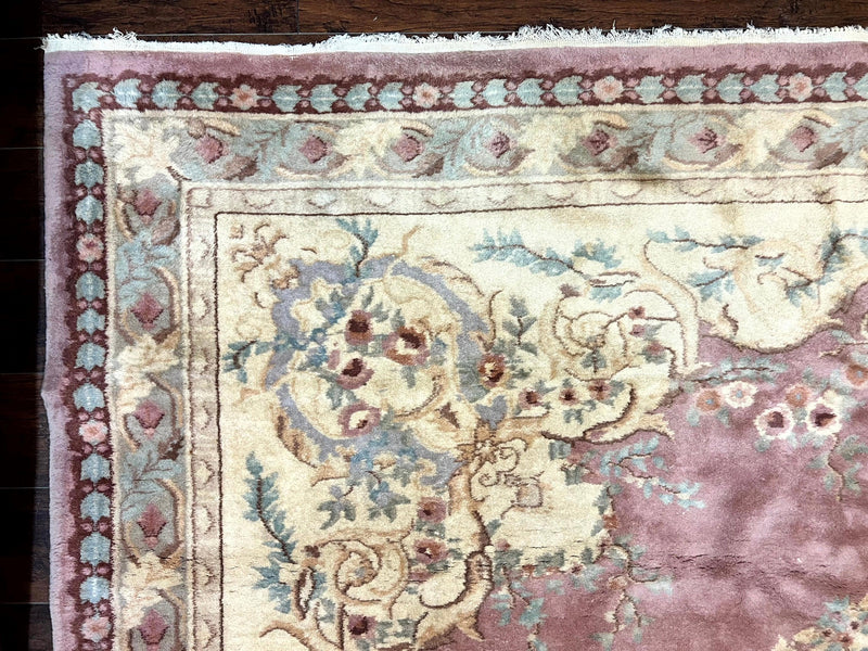 Indo Chinese Aubusson Wool Rug 10x14, Pink and Cream, Handmade Vintage Wool Carpet, Elegant European Design by Jewel Rugs