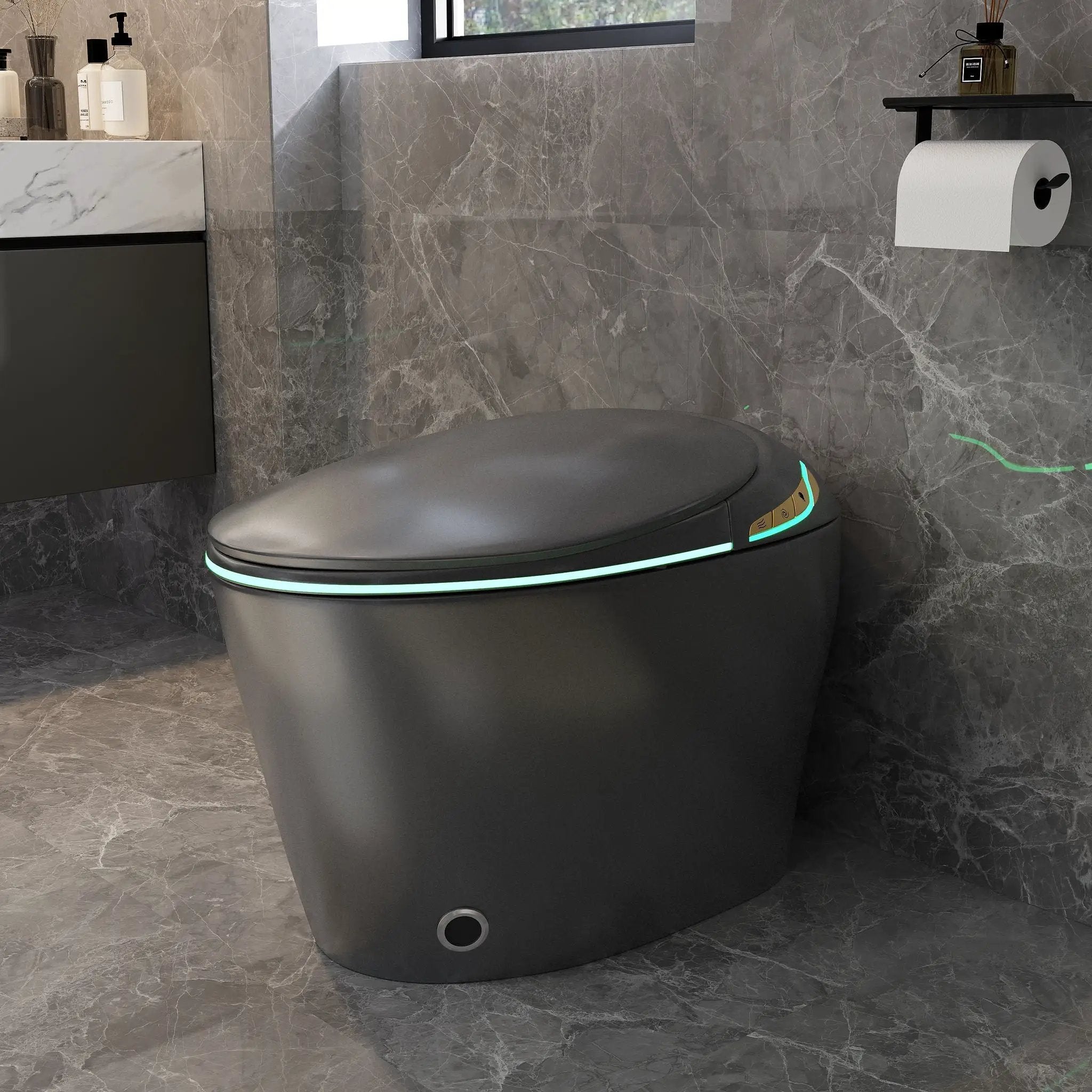 Unique Smart Toile With Built In Bidet, Auto Open / Close Seat, Foot Sensor, LED Display, Night Light, Warm Water & Dryer Ceramic by HouseOfZazla
