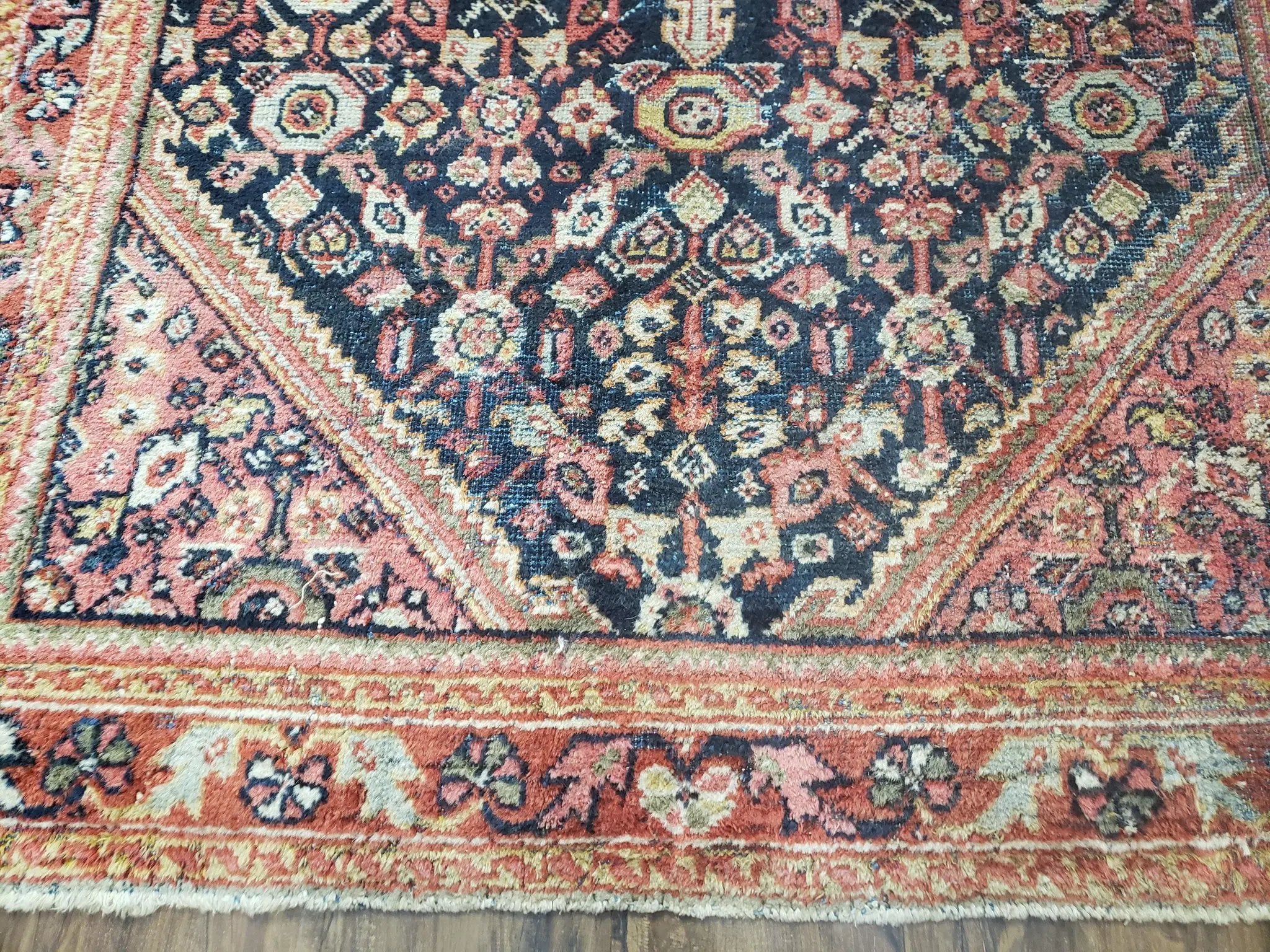 Antique Persian Mahal Area Rug 4.4 x 6.6, Wool Hand-Knotted Shabby Chic Oriental Rug, Red Black 1930s Foyer Room Carpet, Low Pile Boho Rug by Jewel Rugs