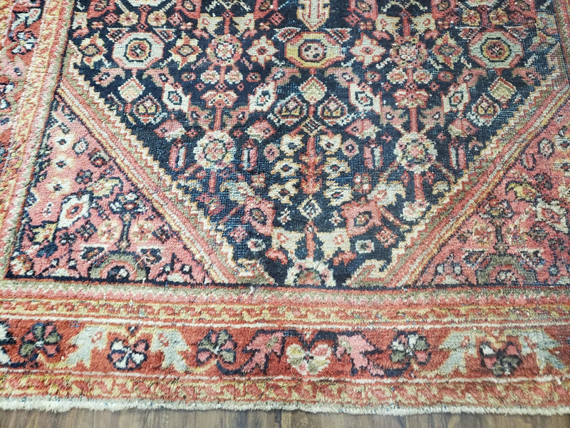 Antique Persian Mahal Area Rug 4.4 x 6.6, Wool Hand-Knotted Shabby Chic Oriental Rug, Red Black 1930s Foyer Room Carpet, Low Pile Boho Rug by Jewel Rugs