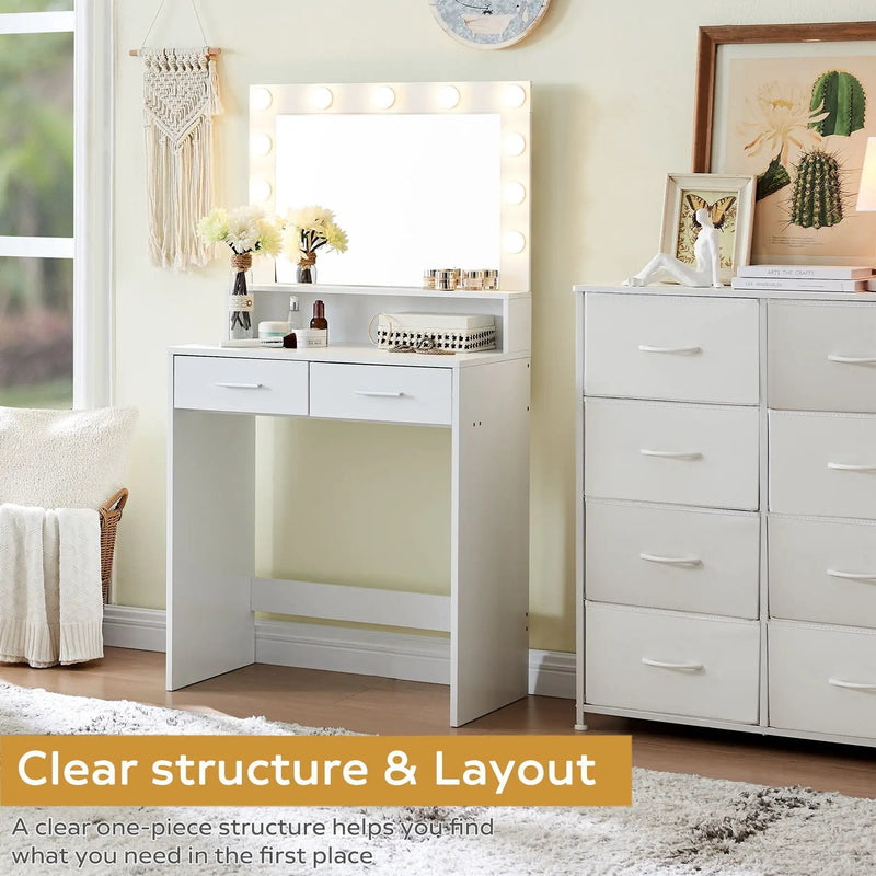 Vanity Desk With Mirror And Lights, Dressing Table With Large Drawer, 2 Level Storage Dresser & 3 Lighting Modes Adjustable Brightness, Suitable For Bedroom by HouseOfZazla