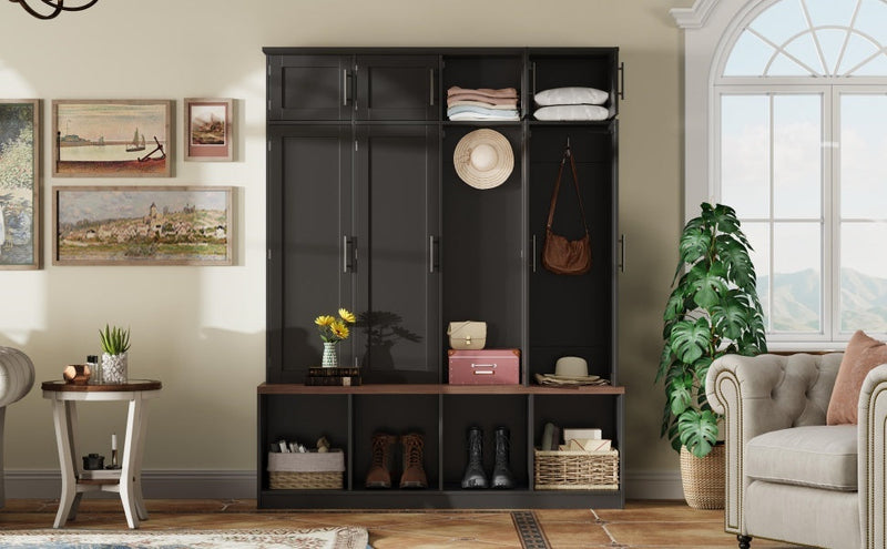 Farmhouse Hall Tree with 4 Hidden Hanging Hooks and Storage Bench by HouseOfZazla