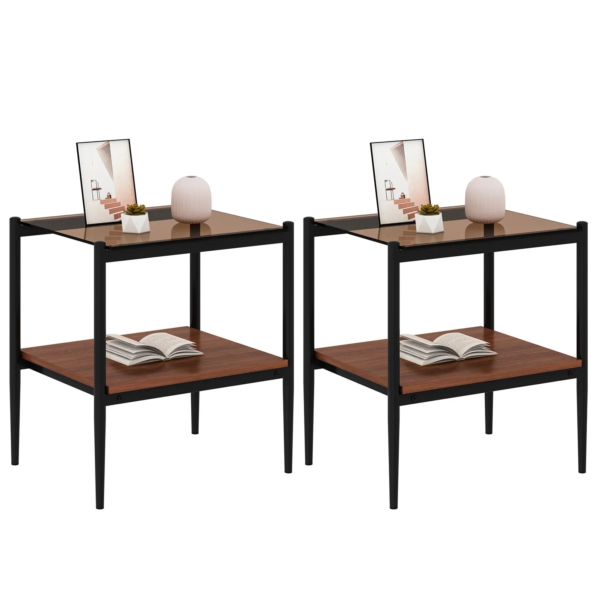 Modern Rectangle End Table (Set of 2) With Tempered Glass Tabletop And Layer - Brown by Unique Piece Furniture