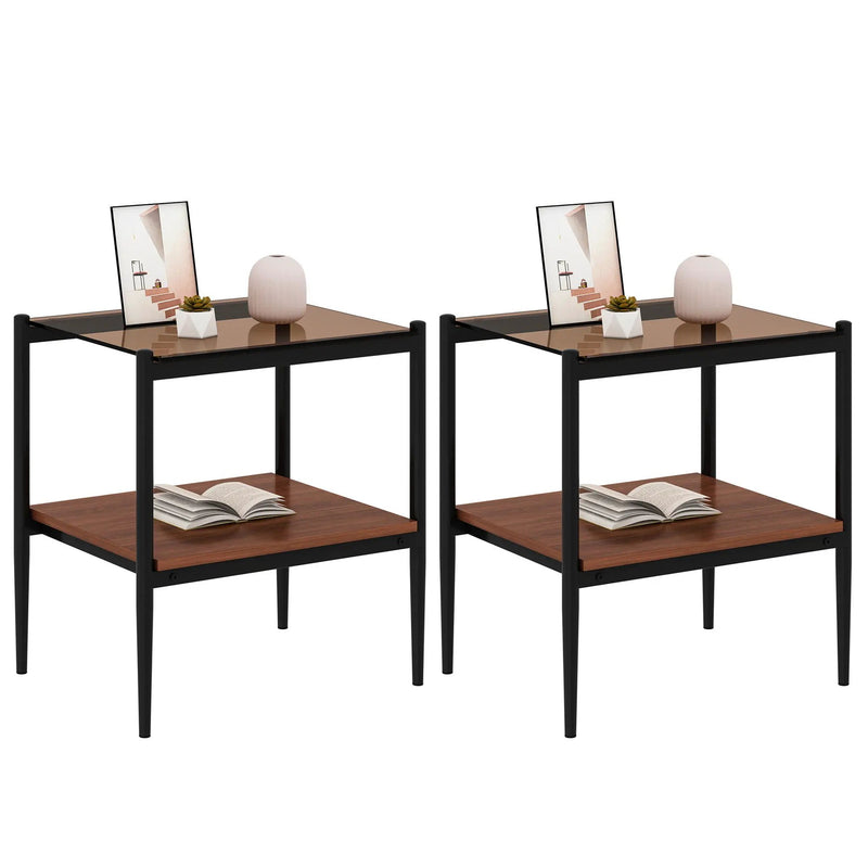 Modern Rectangle End Table (Set of 2) With Tempered Glass Tabletop And Layer - Brown by Unique Piece Furniture