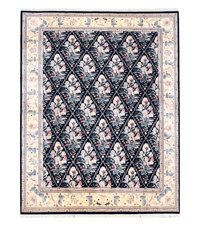 Sino-Persian Kirman Rug 9x12 Floral Handmade Wool Carpet Black & Ivory Vintage by Jewel Rugs