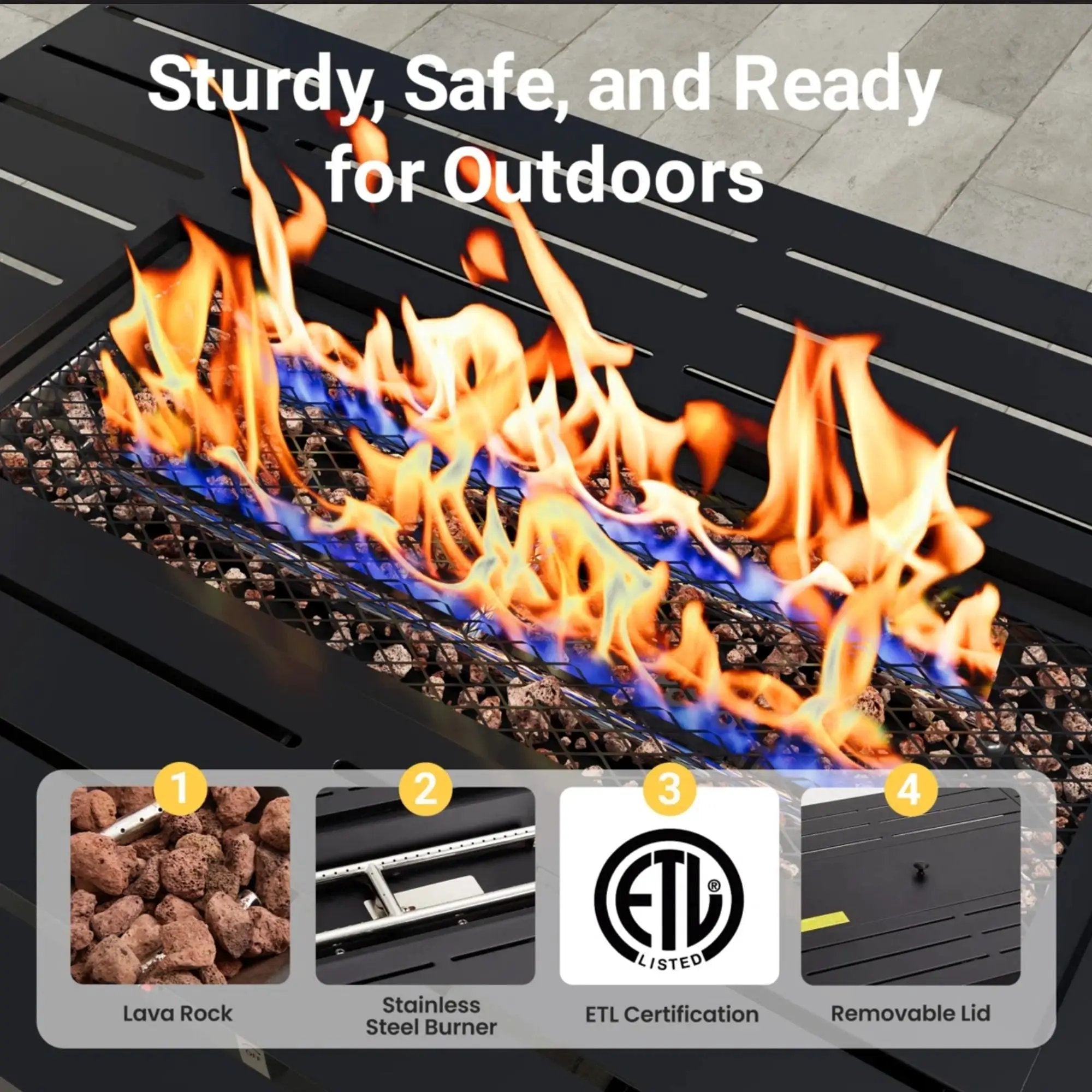 Outdoor 2 In 1 Propane Fire Pit Table With Lid & Glass Shield, Rectangular Fire Table, Lava Rock & Cover - Black by HouseOfZazla