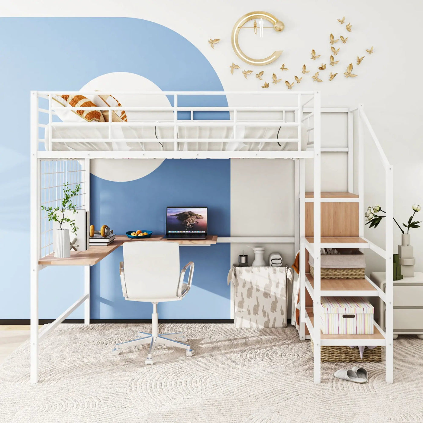 Loft Bed With Desk And Grid, Stylish Frame With Lateral Storage Ladder And Wardrobe by Unique Piece Furniture