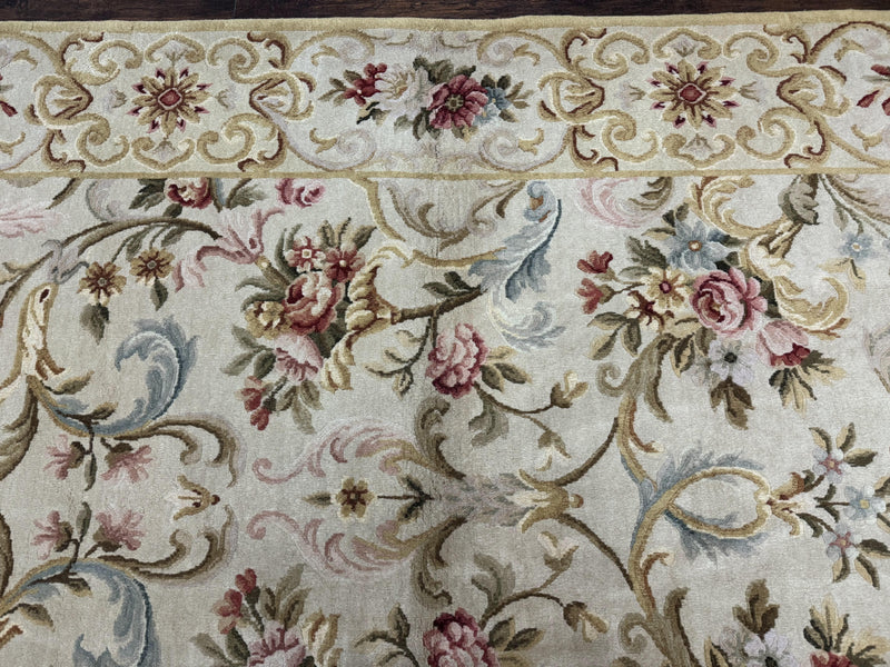 Aubusson Rug 8x10, French European Design, Vintage Handmade Wool Carpet, Aubusson Rug with Pile, Floral by Jewel Rugs