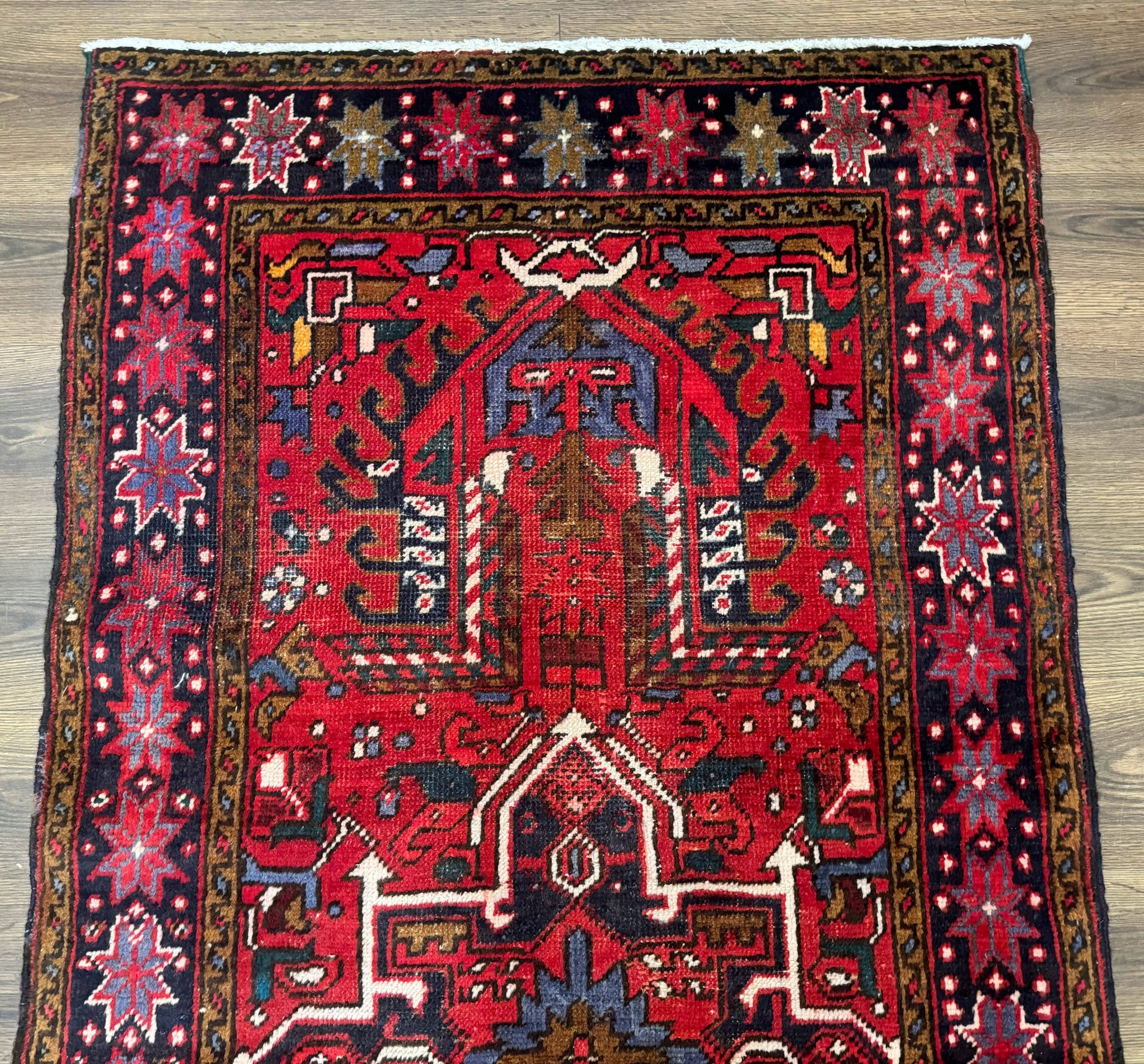 Persian Heriz Karajeh Runner Rug 3.7 x 12, Geometric Medallions, Red and Navy Blue by Jewel Rugs